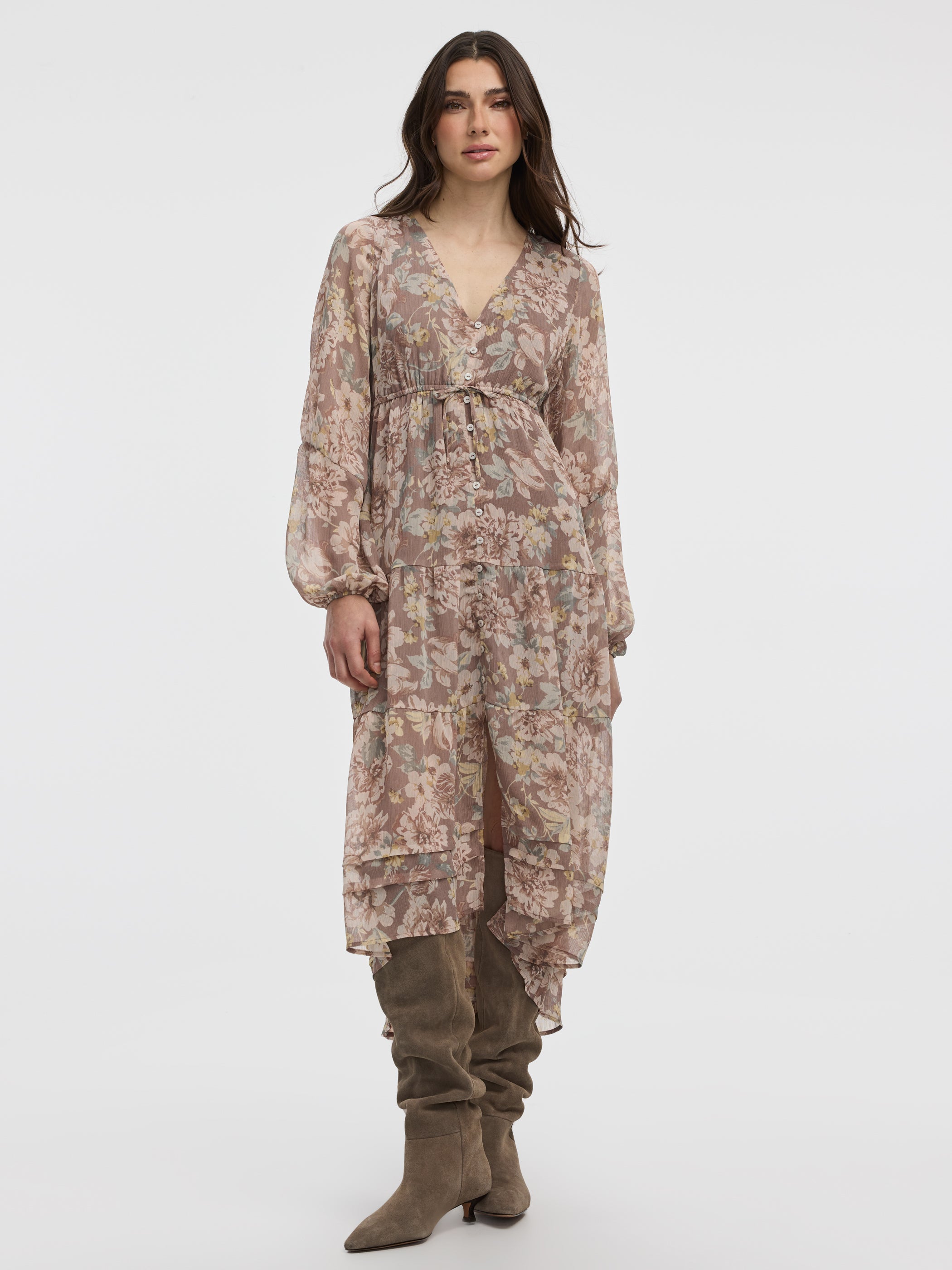 Women's Long-Sleeve Maxi Tiered Dress with Elastic Waist