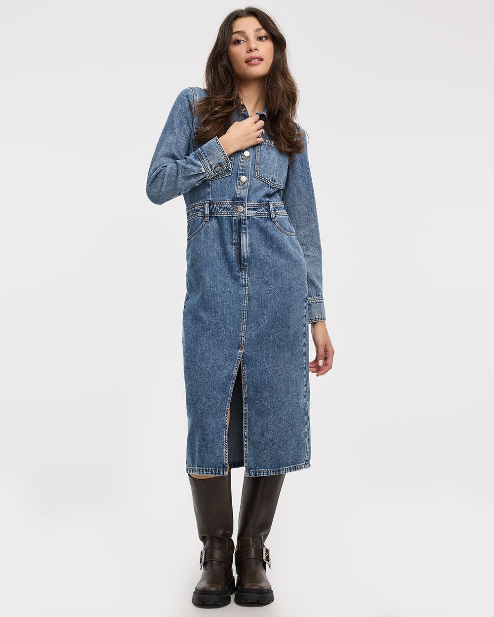Midi Shirt Denim Dress | Regular | Reitmans Midi Shirt Denim Dress | Regular | Reitmans