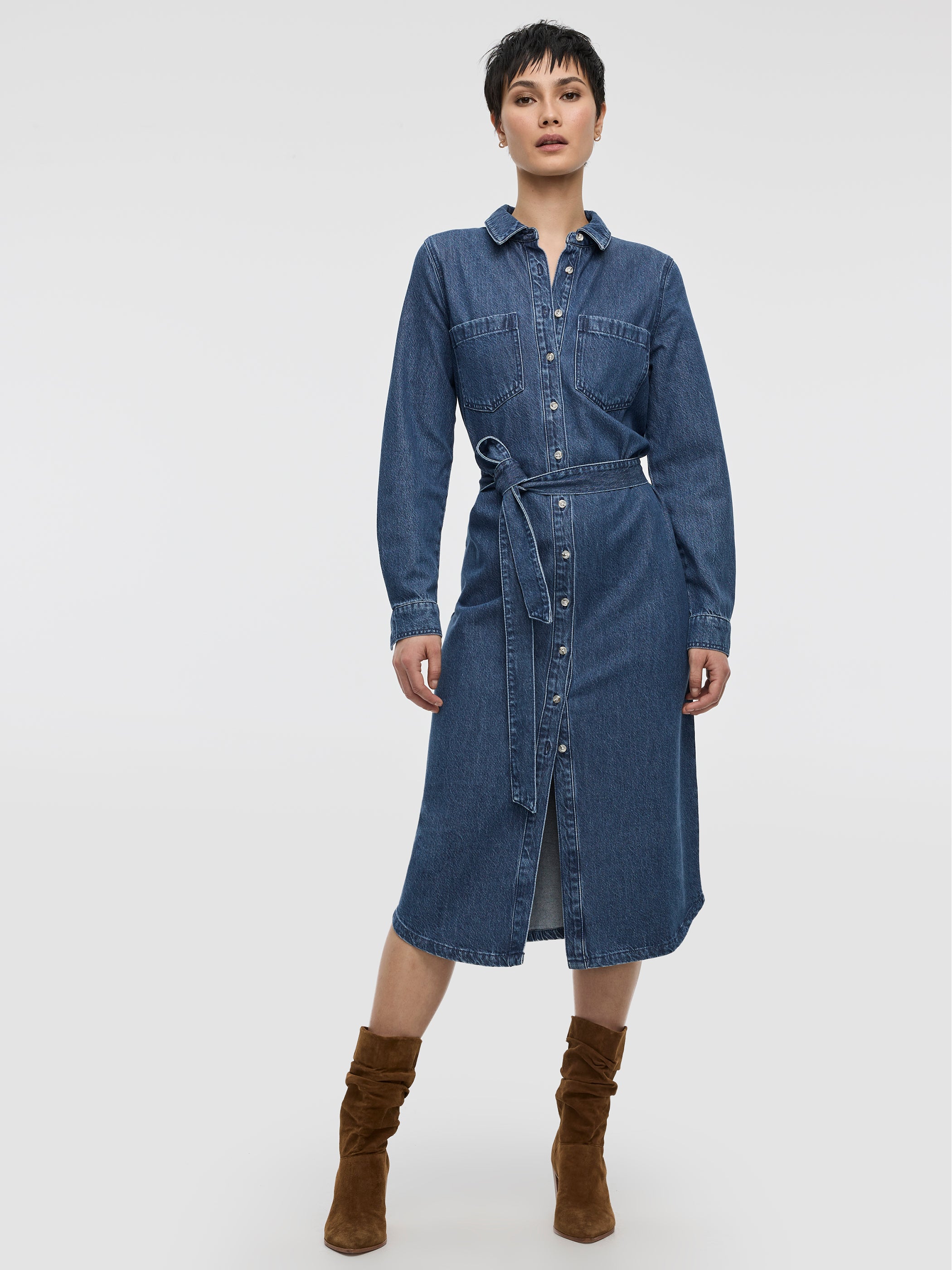 Women's Midi Shirt Denim Dress with Self-Tie Sash