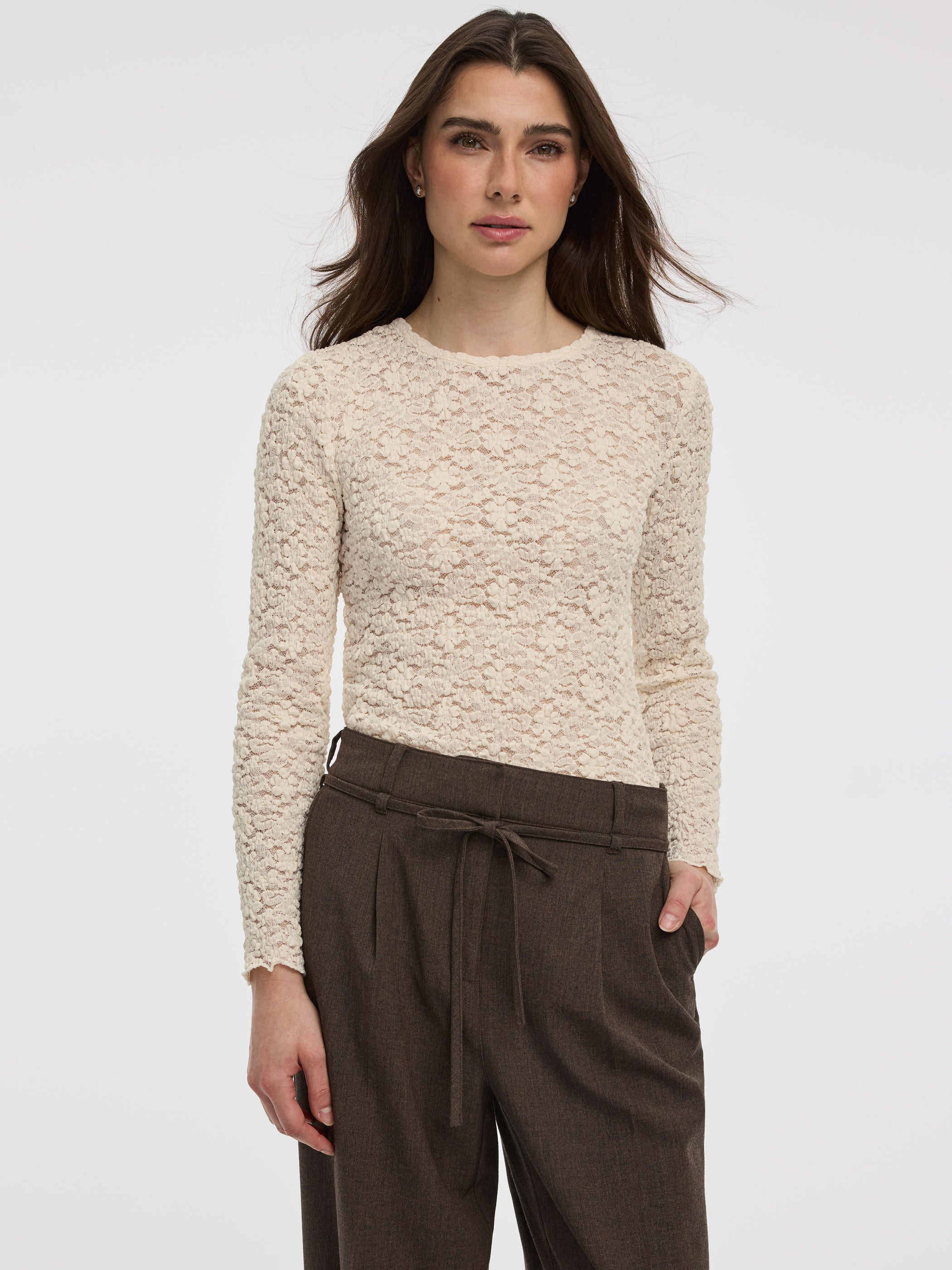 Women's Long-Sleeve Fitted Lace Top with Crew Neck | Reitmans