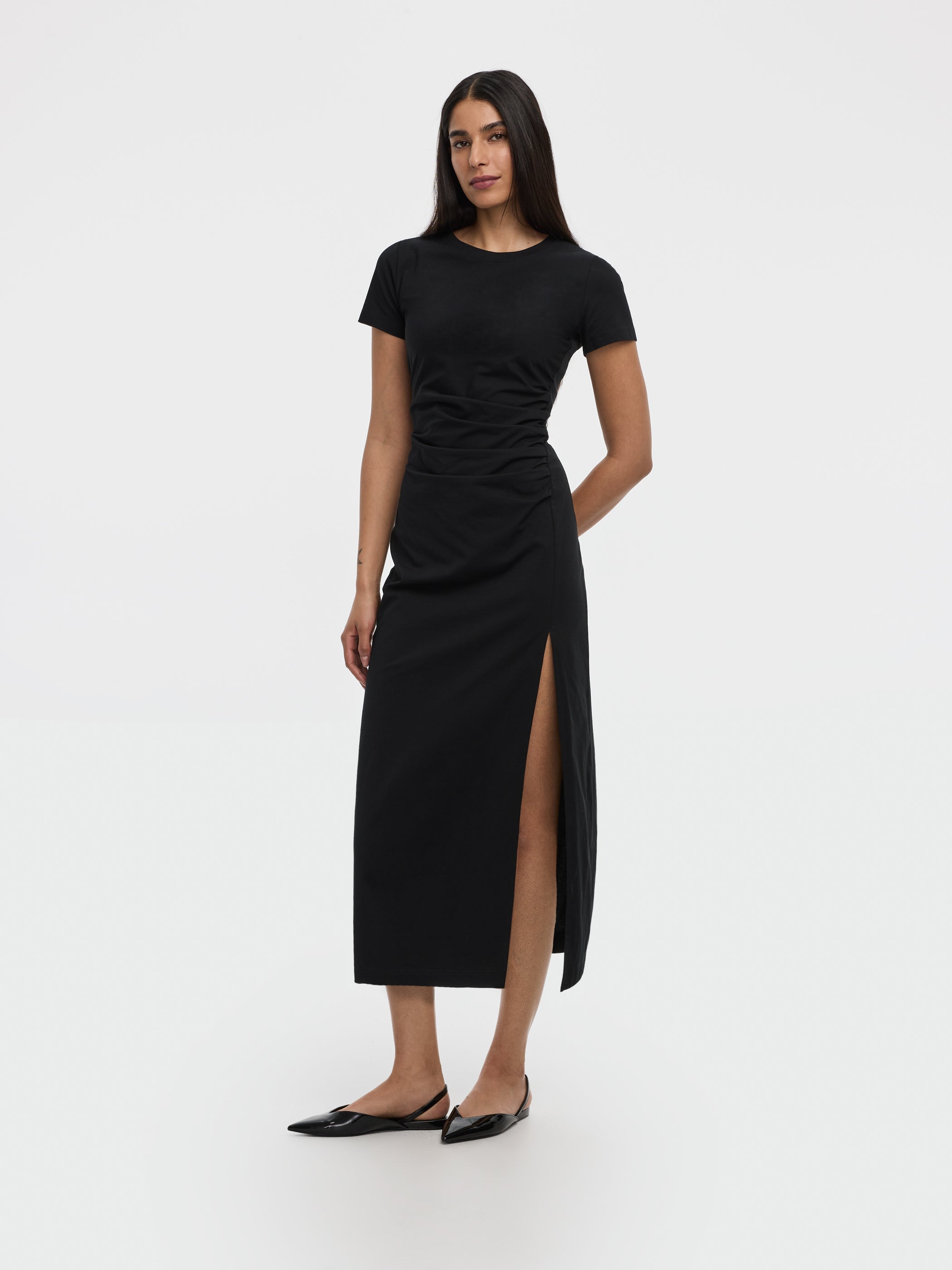 Women's Short-Sleeve Bodycon Midi Dress with Side Shirring