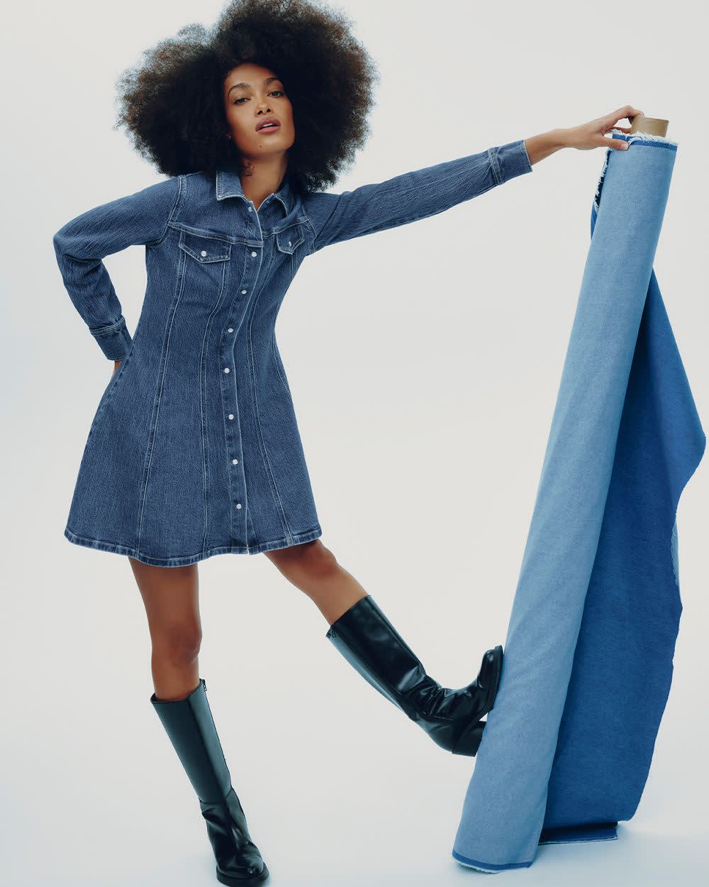 Long-Sleeve Fit & Flare Denim Dress Hyba by Reitmans Long-Sleeve Fit & Flare Denim Dress Hyba by Reitmans