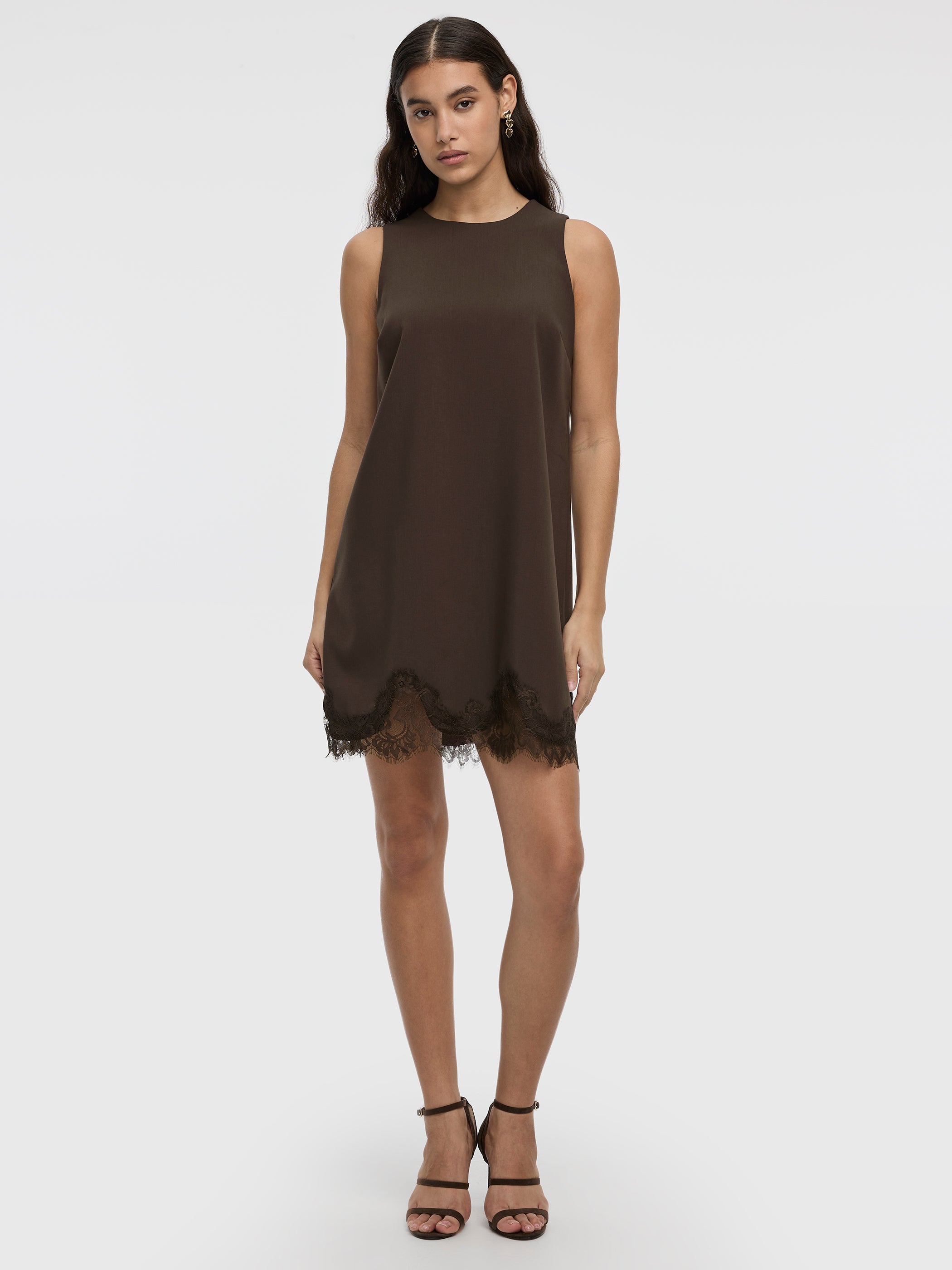 Women's Sleeveless Crew-Neck Shift Dress with Lace Trim