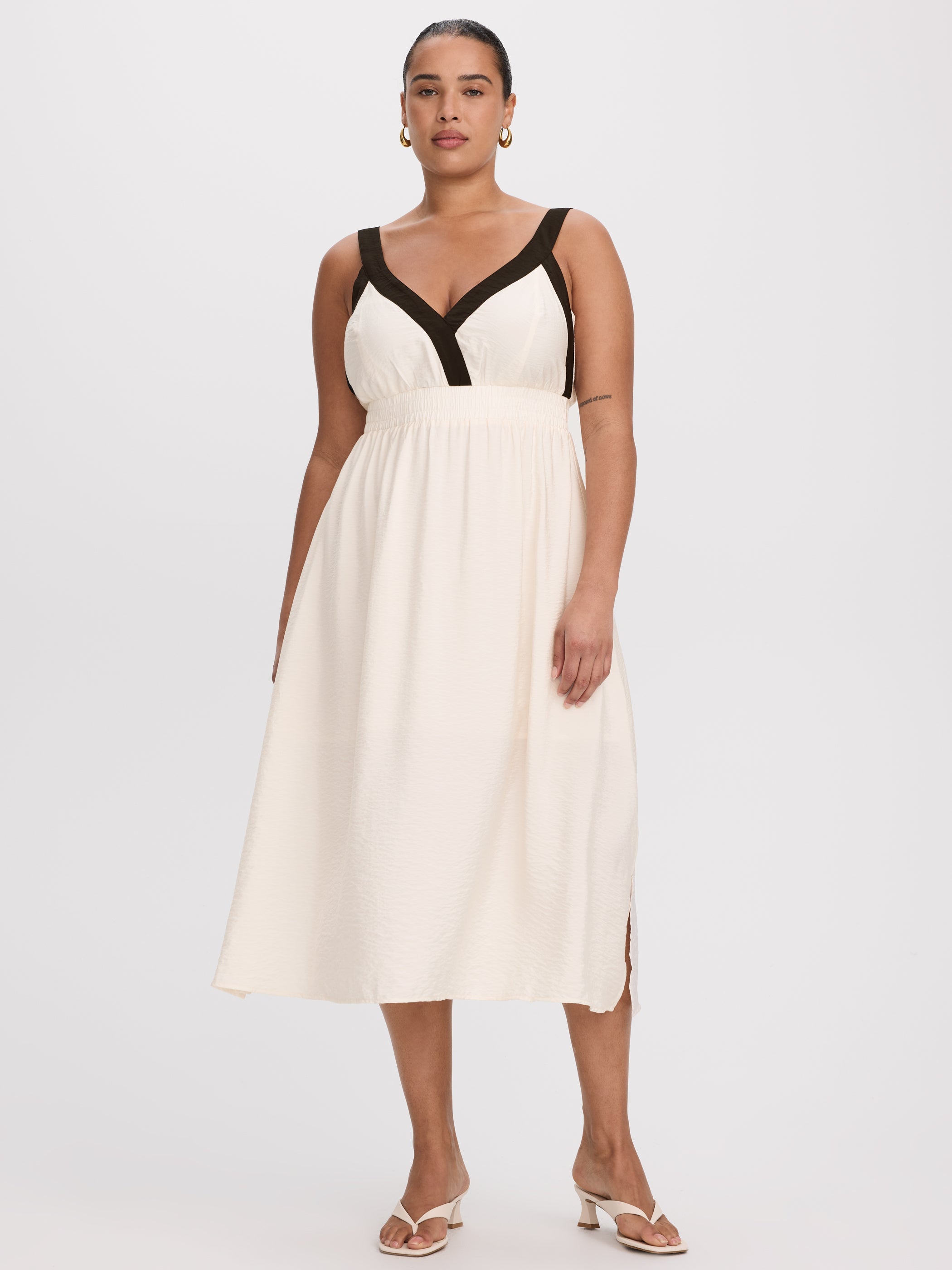 esth sleeveless sweetheart ribbed poplin midi dress Poplin and Rib Midi Dress ESTHE