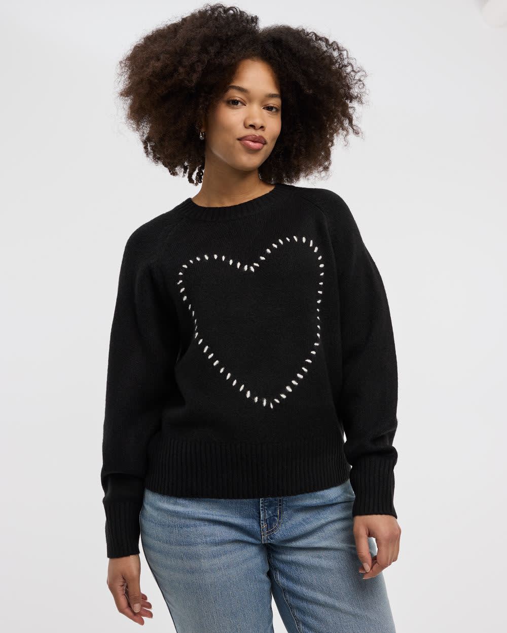 Long-Sleeve Crew-Neck Pullover with Heart Embroidery | Regular