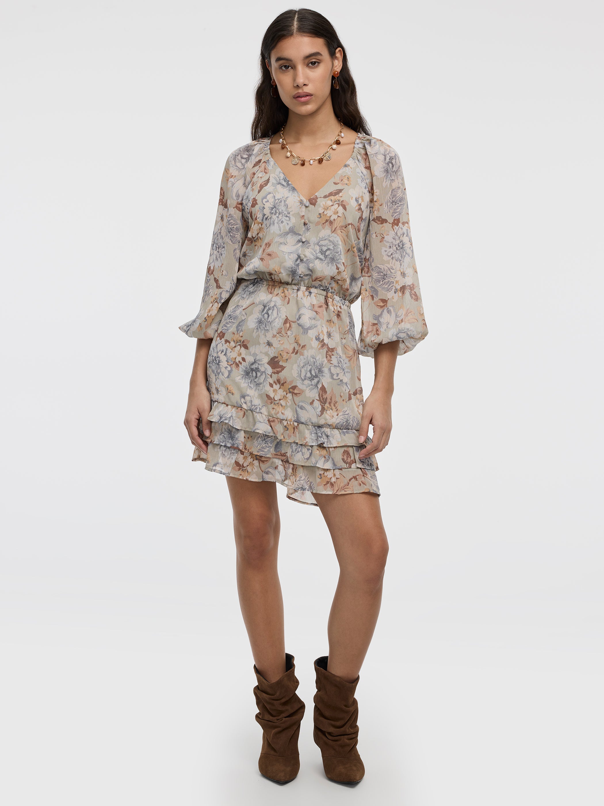 Women's Long-Sleeve V-Neck Mini Dress with Elastic Waist