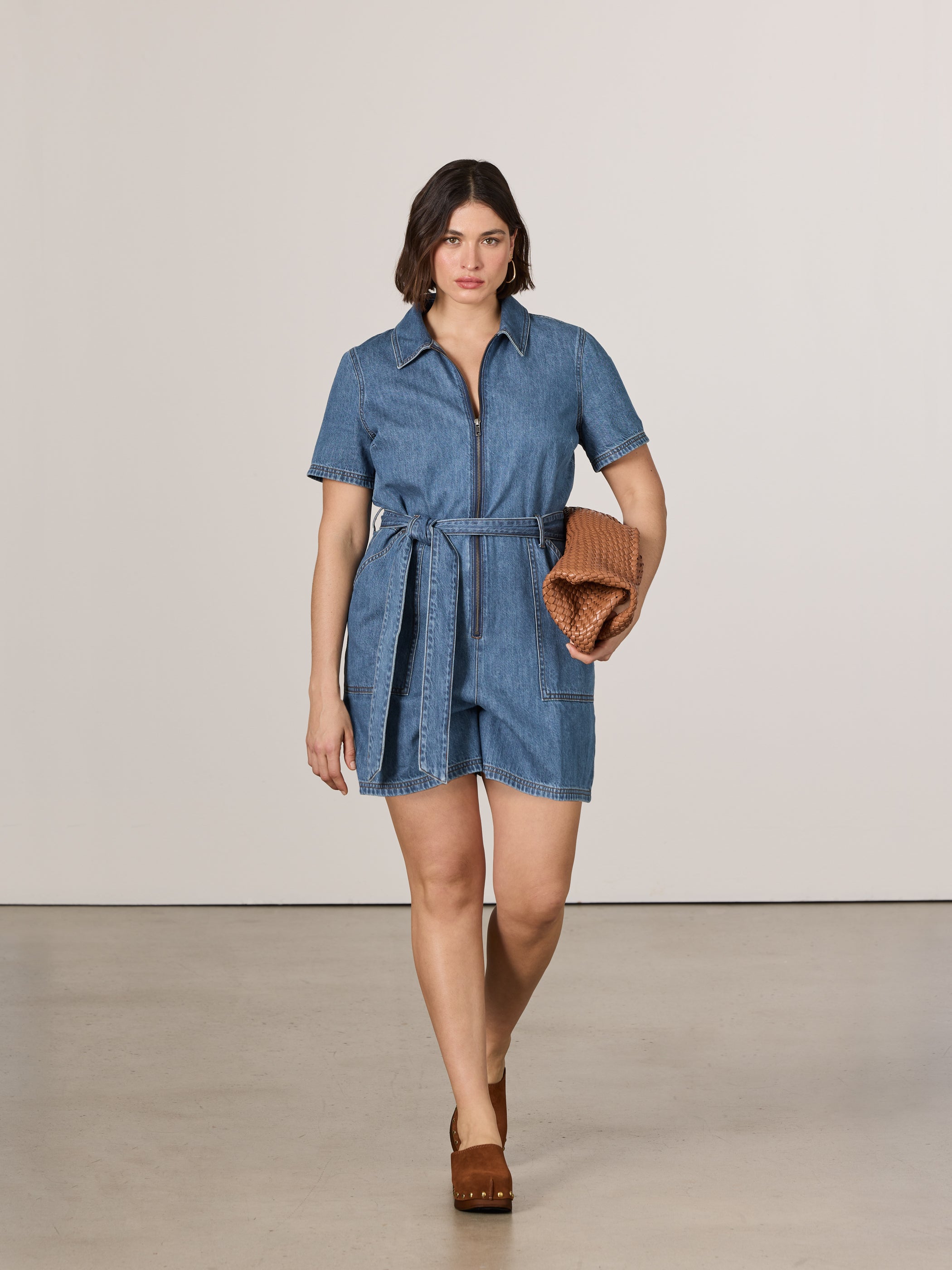 Women's Short-Sleeve Denim Romper with Sash Belt | Reitmans