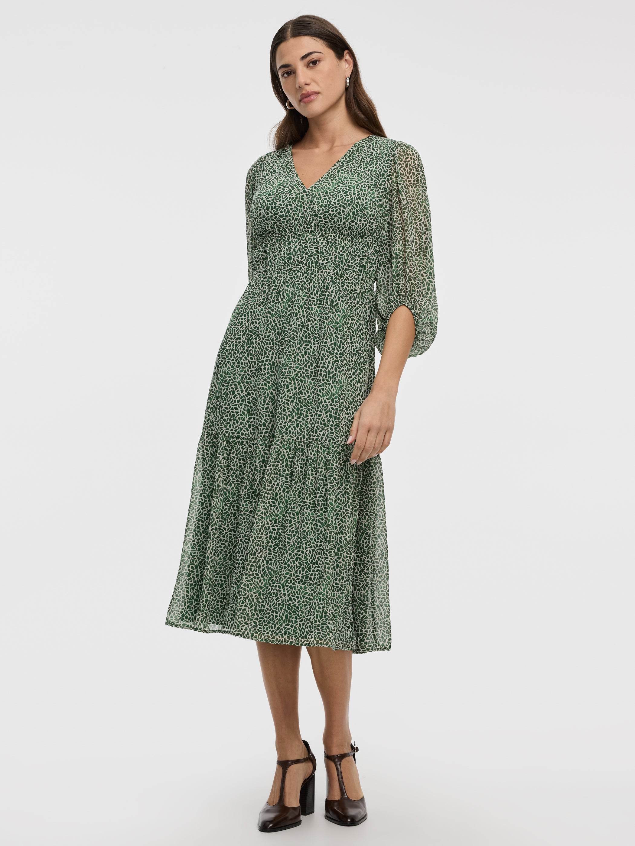 Women's V-Neck Empire Midi Dress with Sheer Sleeves