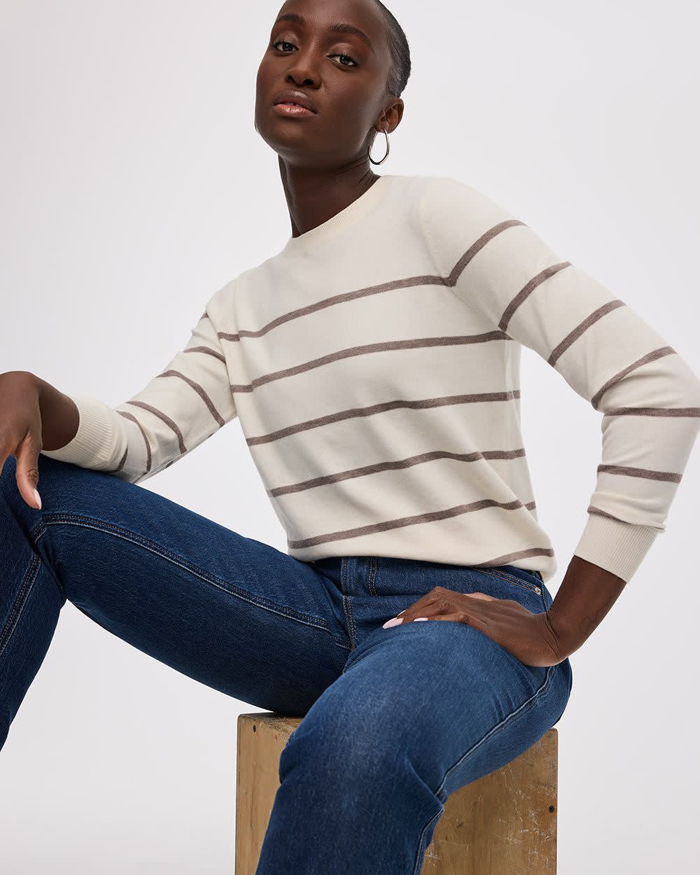 Pull Rayé Blanc Femme Lands' End - Taille M - 100% Coton - Manches Longues