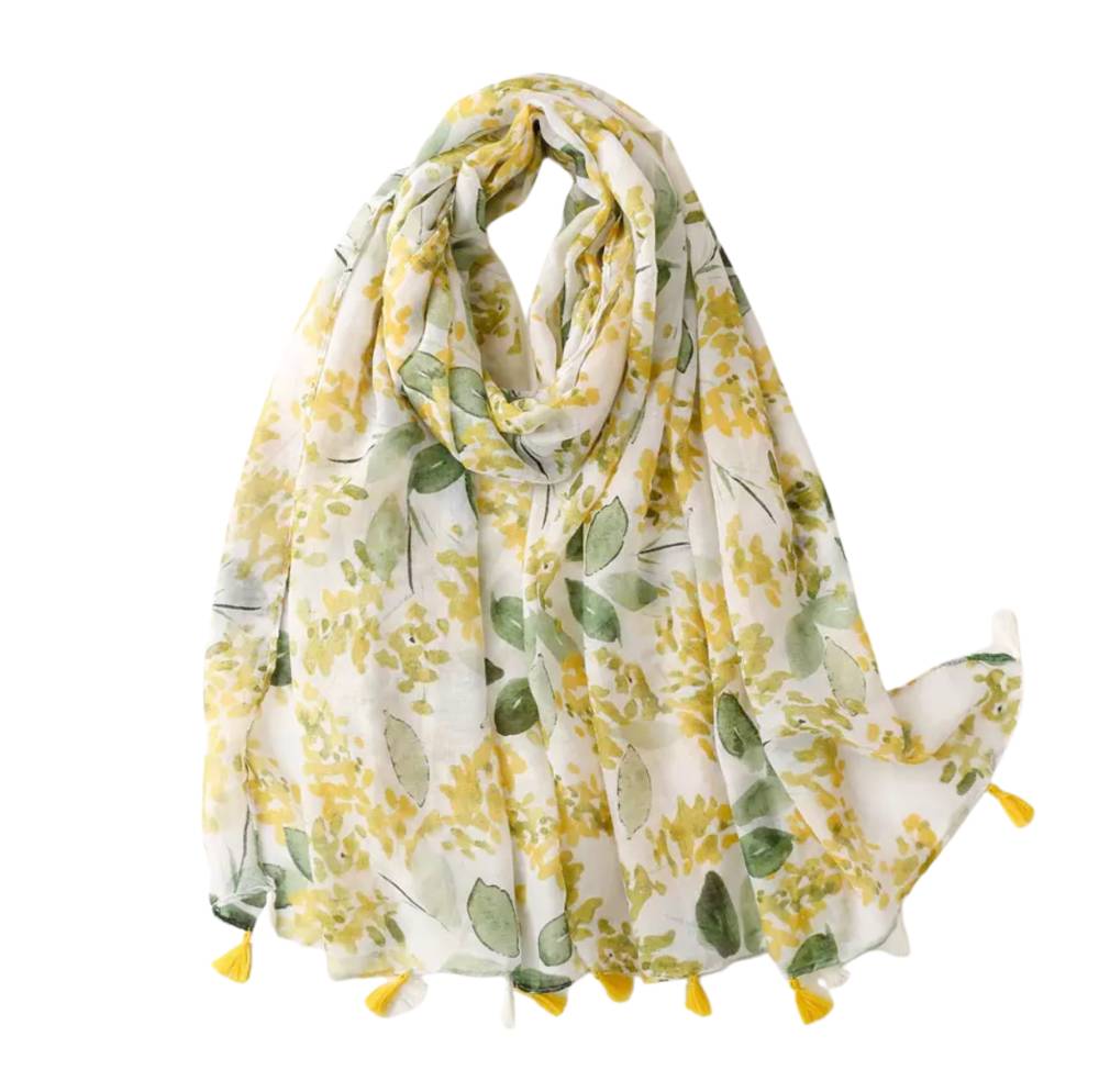 Yellow And Leafy Scarf With Tassels - Don't AsK