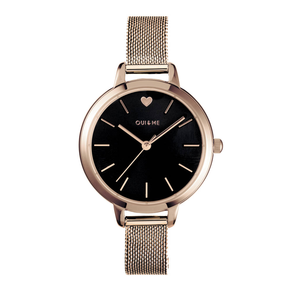 OUI & ME-Amourette 32mm 3 Hand Black Heart Dial Watch With Rose Gold Mesh Bracelet