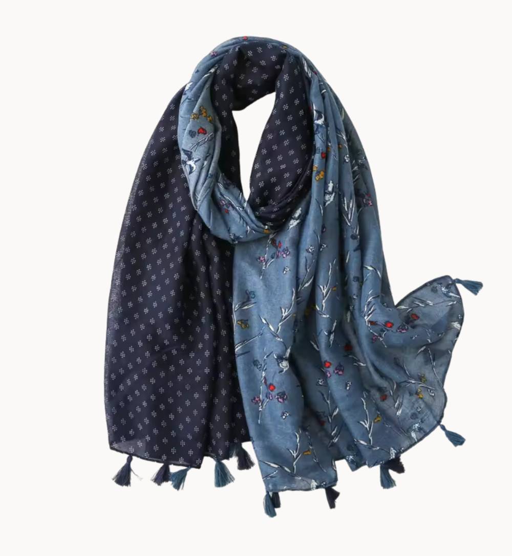 Navy and Jean Blue Branch and Bird Scarf with Tassels - Don't AsK