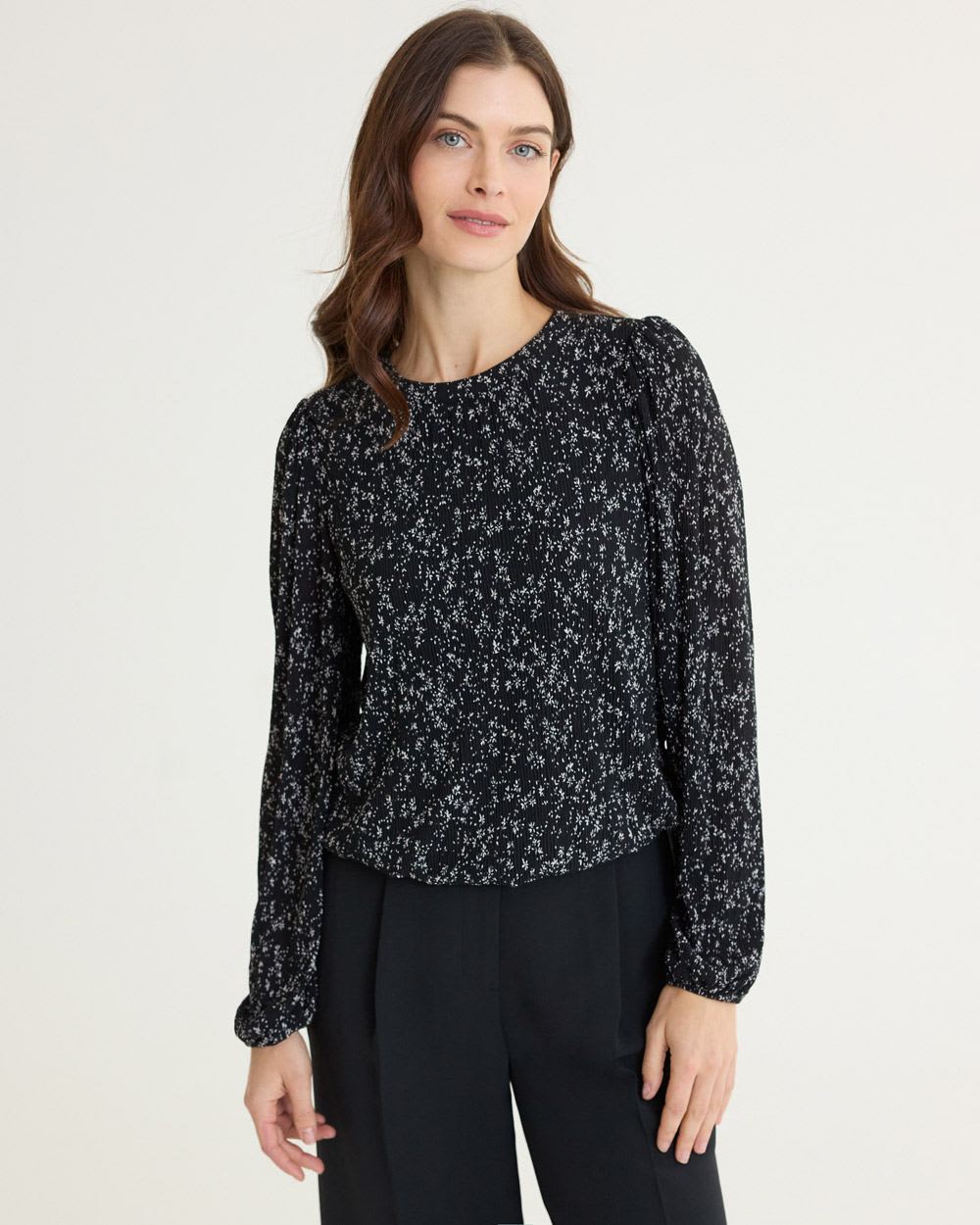 Long-Puffy-Sleeve Crew-Neck Shirred Top