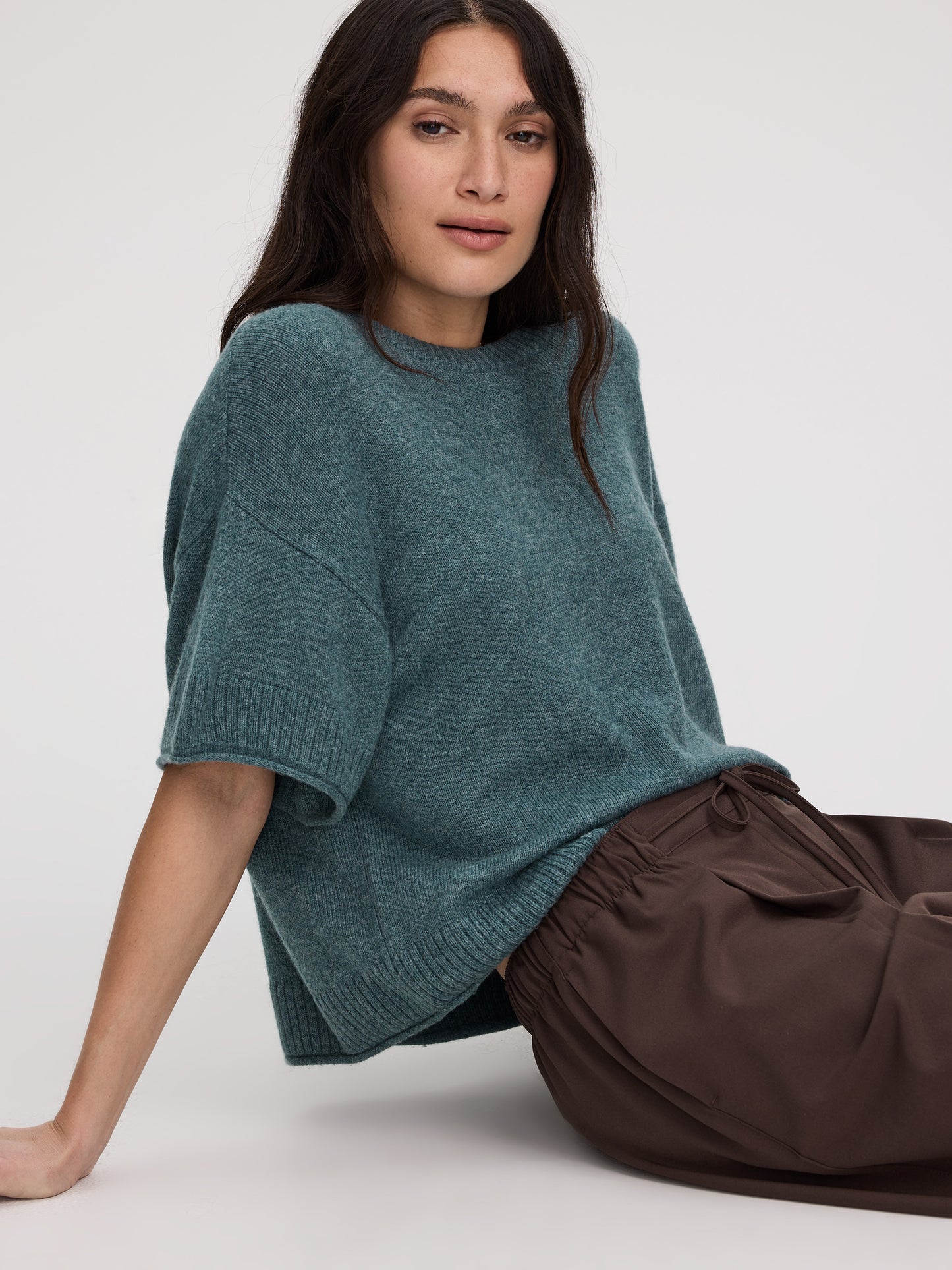 Cashmere-Blend Short-Sleeve Crew-Neck Loose Sweater