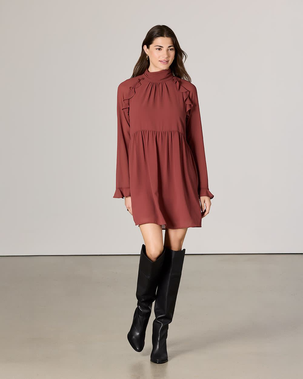 Chiffon Long-Sleeve Mock-Neck Mini Dress with Ruffles