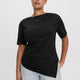 Short-Sleeve Shirred Top with Asymmetrical Hem