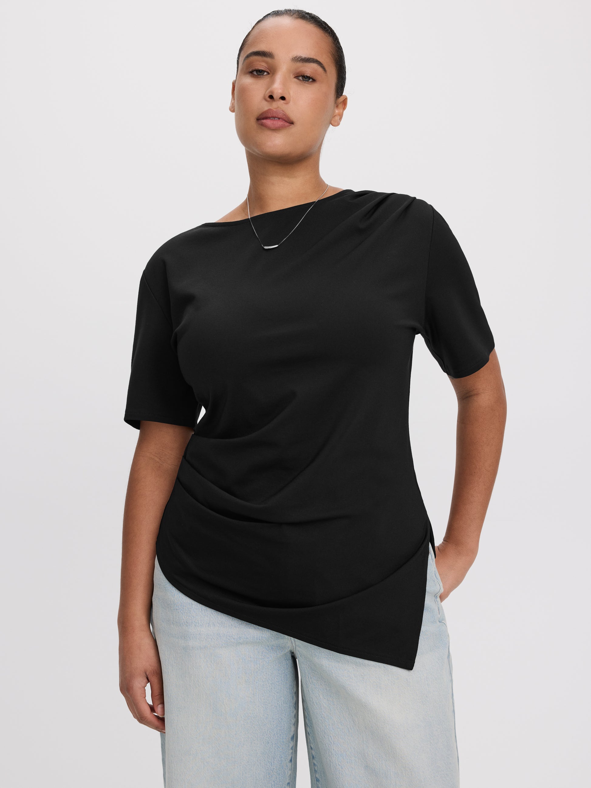 Short-Sleeve Shirred Top with Asymmetrical Hem