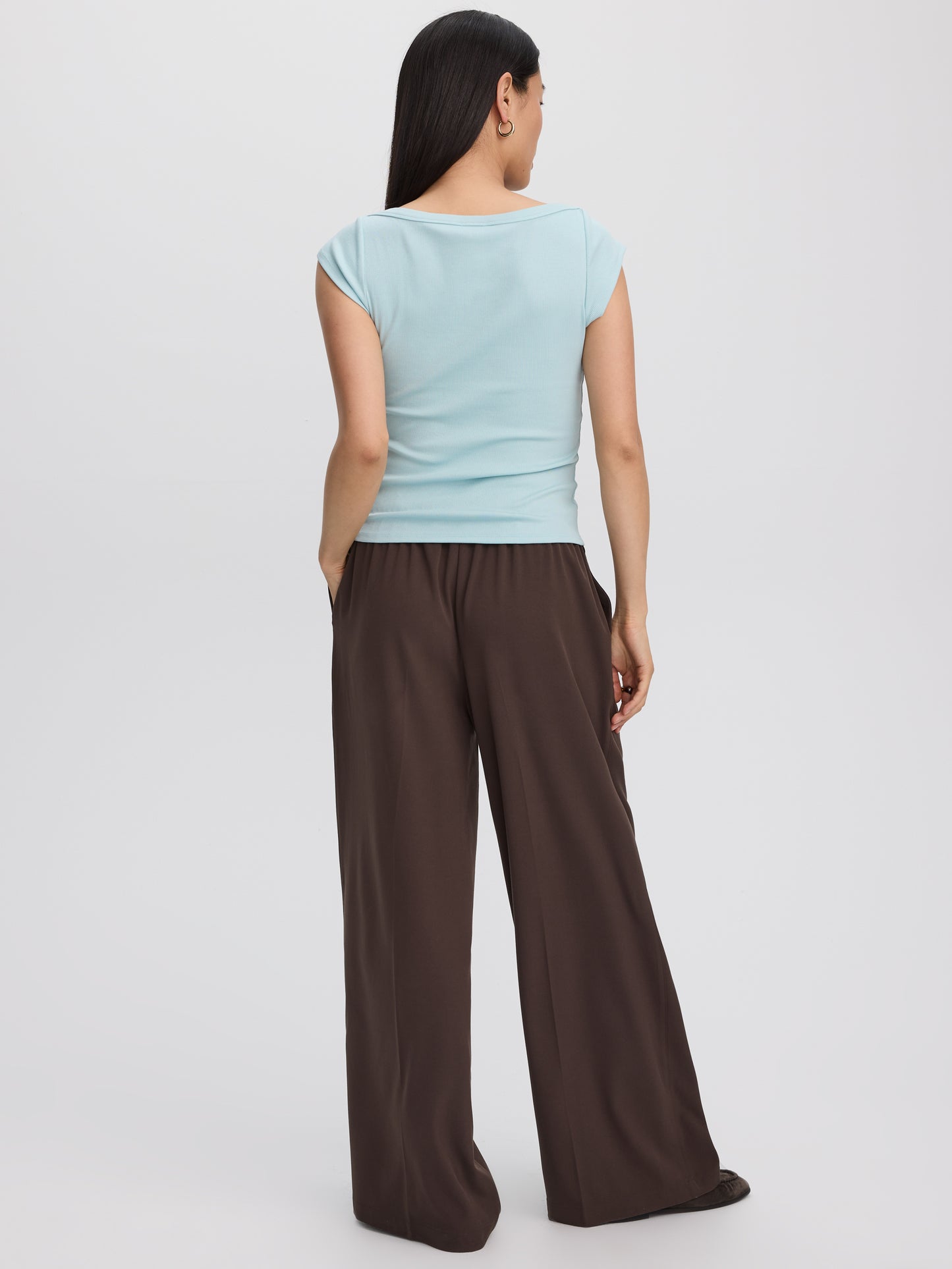 Extended-Sleeve Boat-Neck Ribbed Top