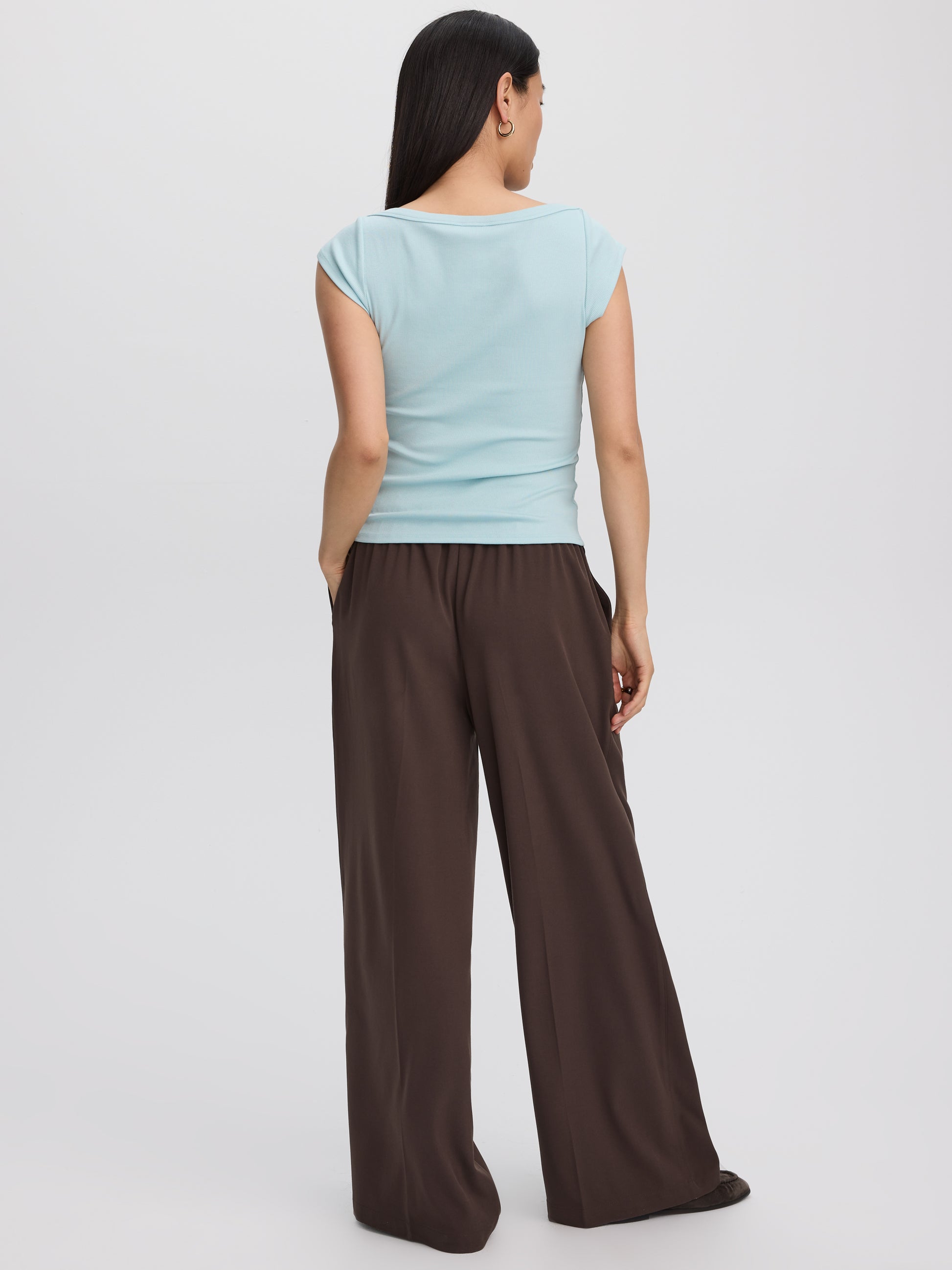 Extended-Sleeve Boat-Neck Ribbed Top