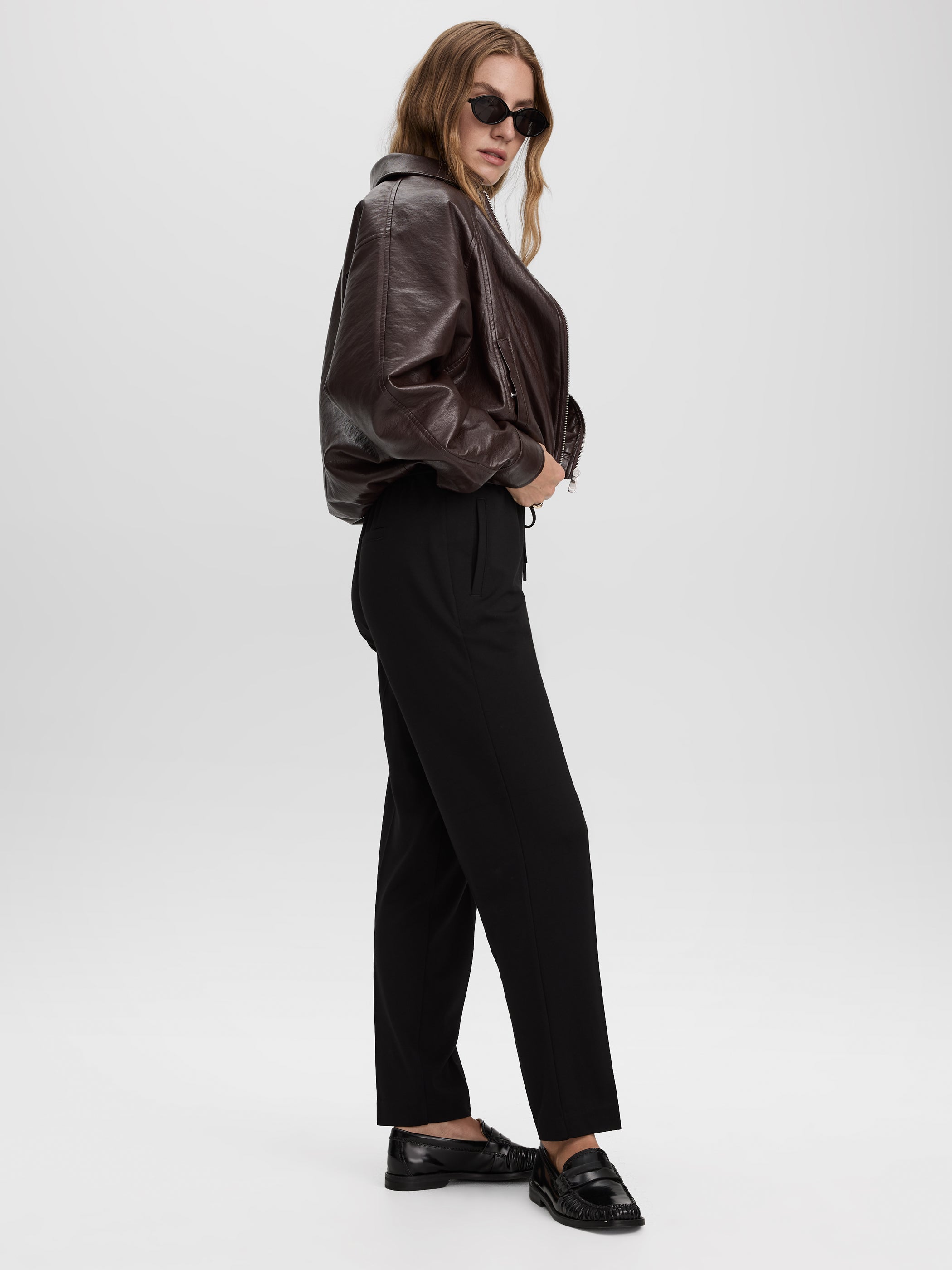 Tapered-Leg High-Rise Pants with Elastic Waistband