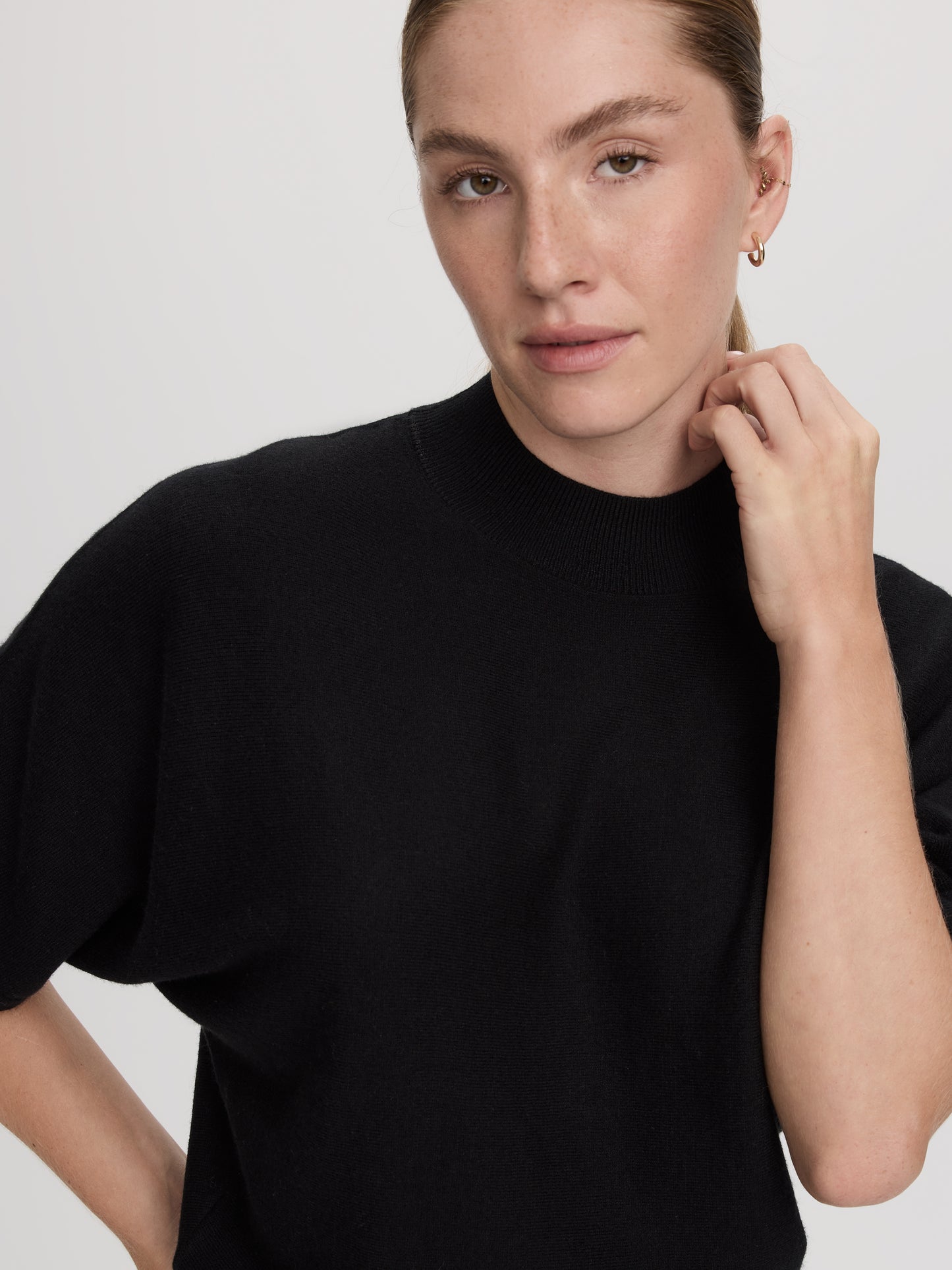 Merino-Blend Short-Sleeve Mock-Neck Sweater