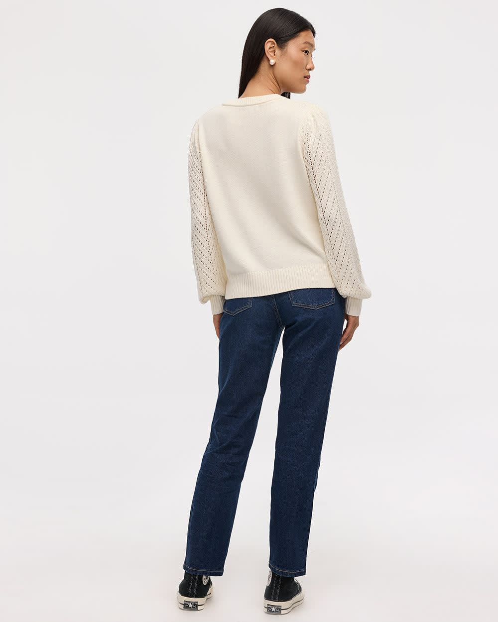 Long-Balloon-Sleeve Crew-Neck Pointelle Sweater