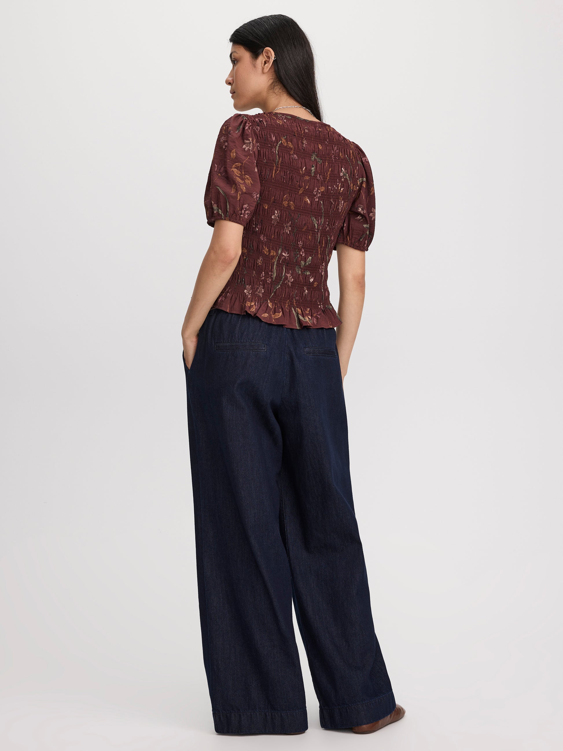 Smocked Blouse with Short Bubble Sleeves