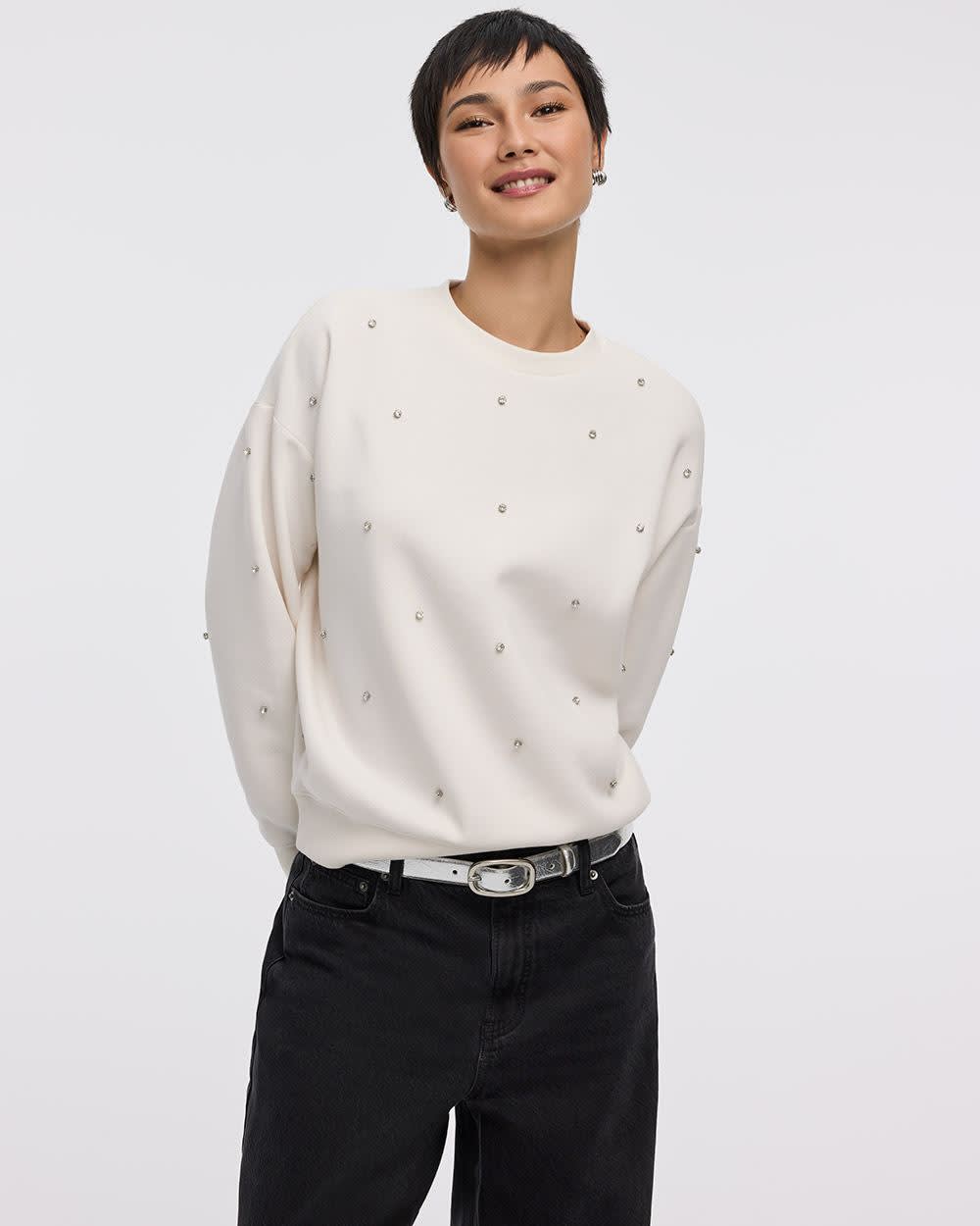 Long-Sleeve Crew-Neck Fleece Sweatshirt with Rhinestones