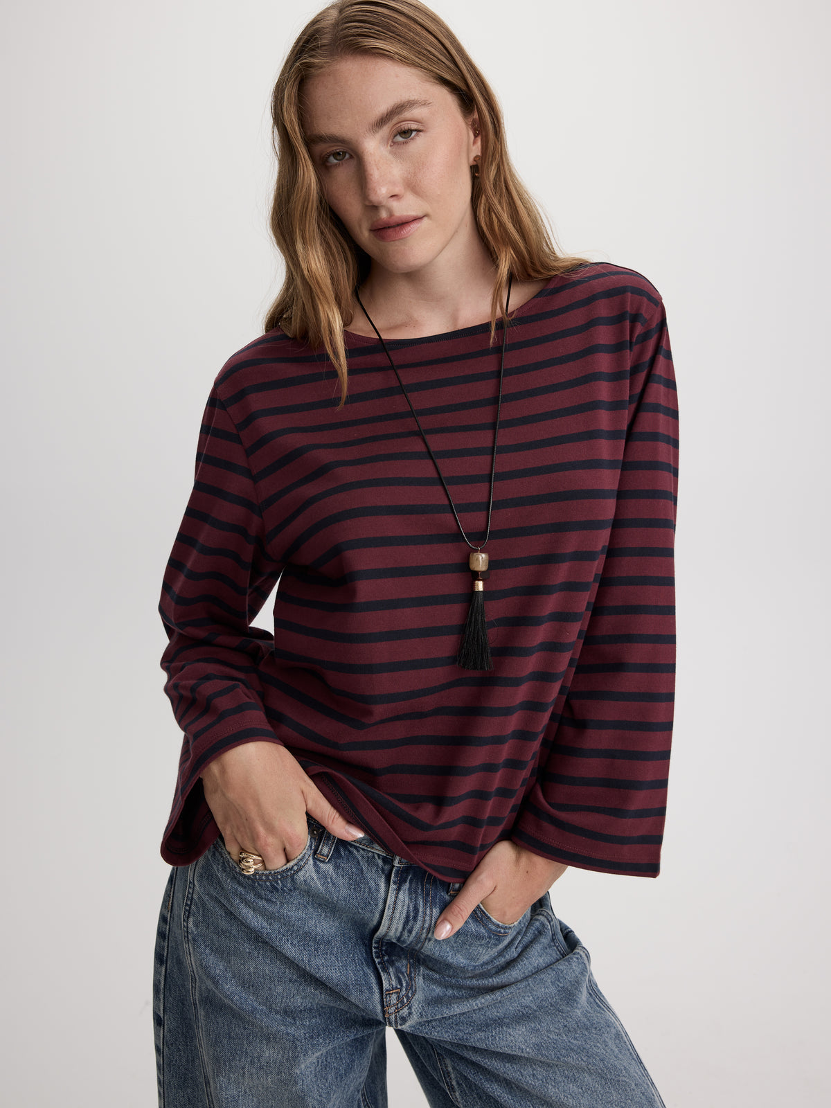 Striped Long-Sleeve Boat-Neck Top