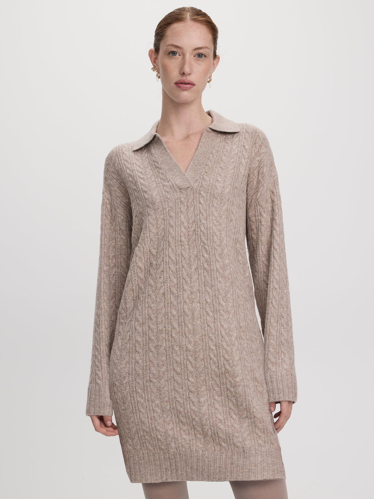 PlushSoft Long-Sleeve Cable-Knit Mini Dress with Johnny Collar