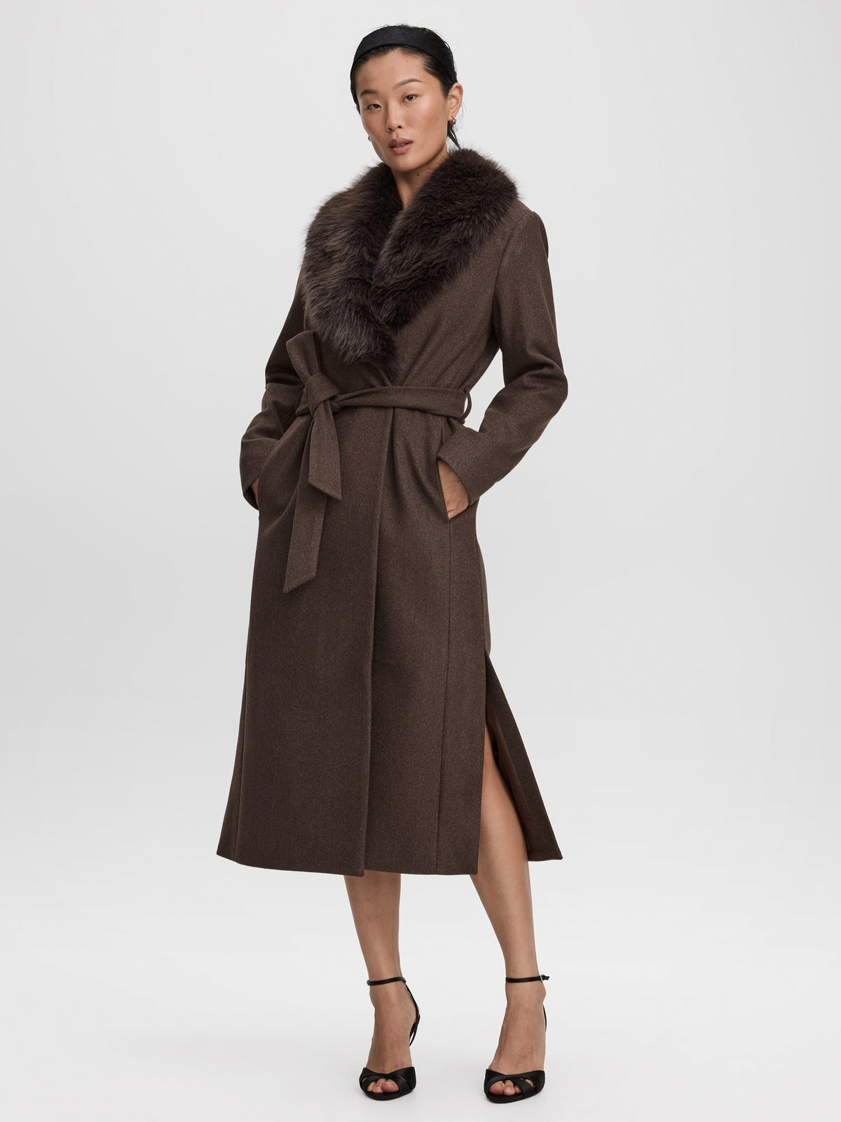 Wool-Blend Long Jacket with Sash and Removable Faux Fur