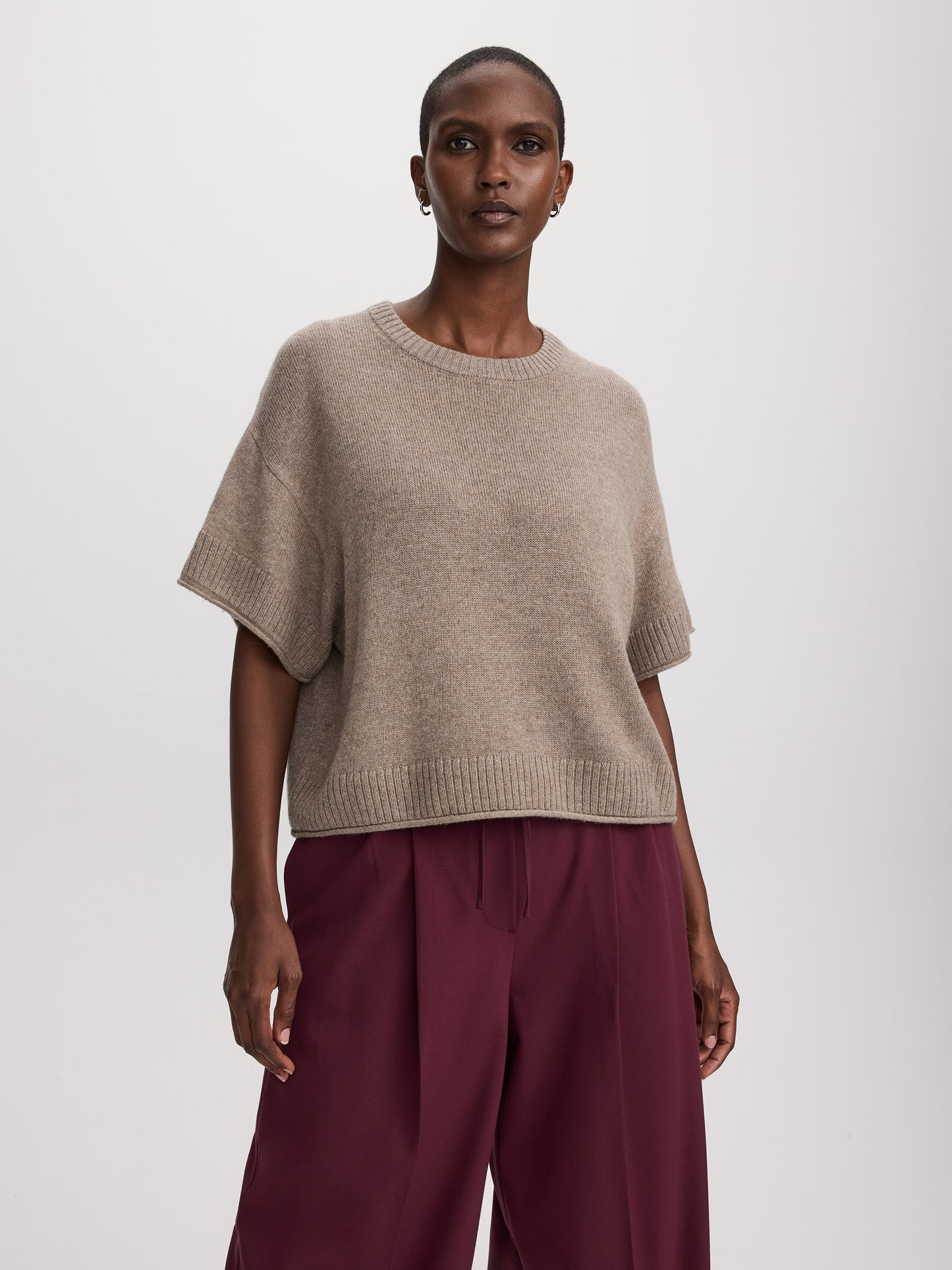Cashmere-Blend Short-Sleeve Crew-Neck Loose Sweater
