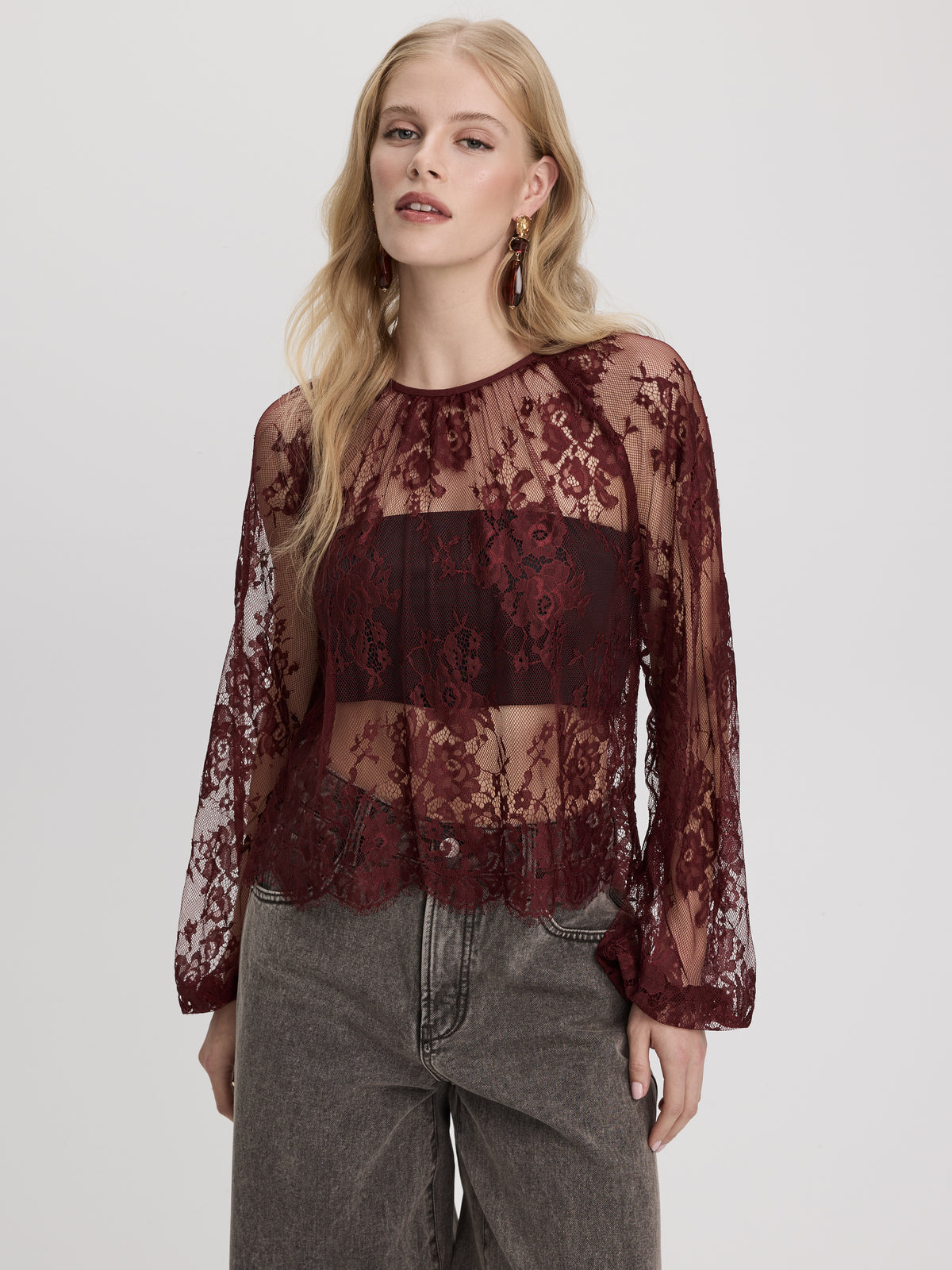 Long-Sleeve Crew-Neck Lace Blouse