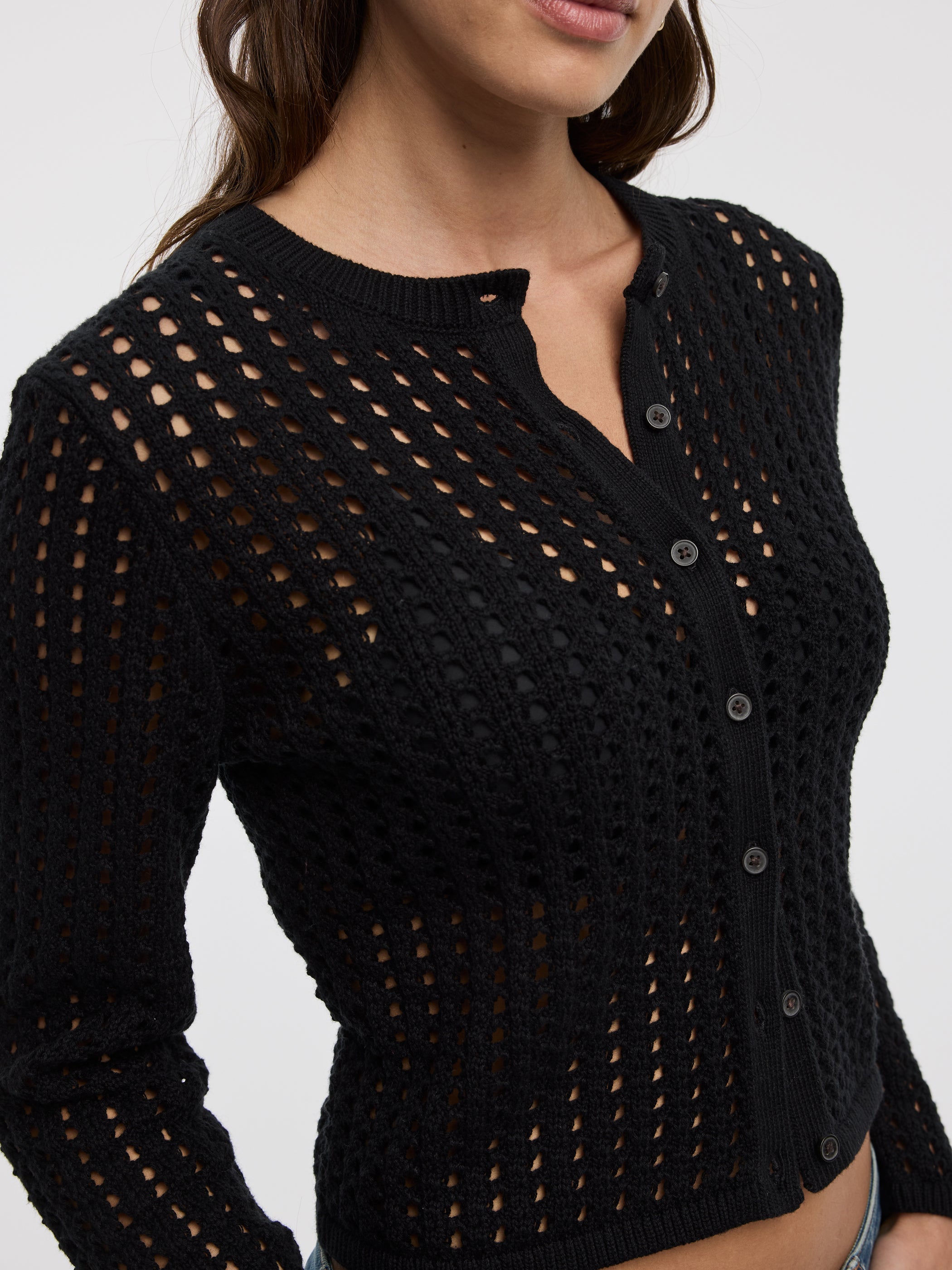 Long-Sleeve Crew-Neck Cardigan with Open Stitches