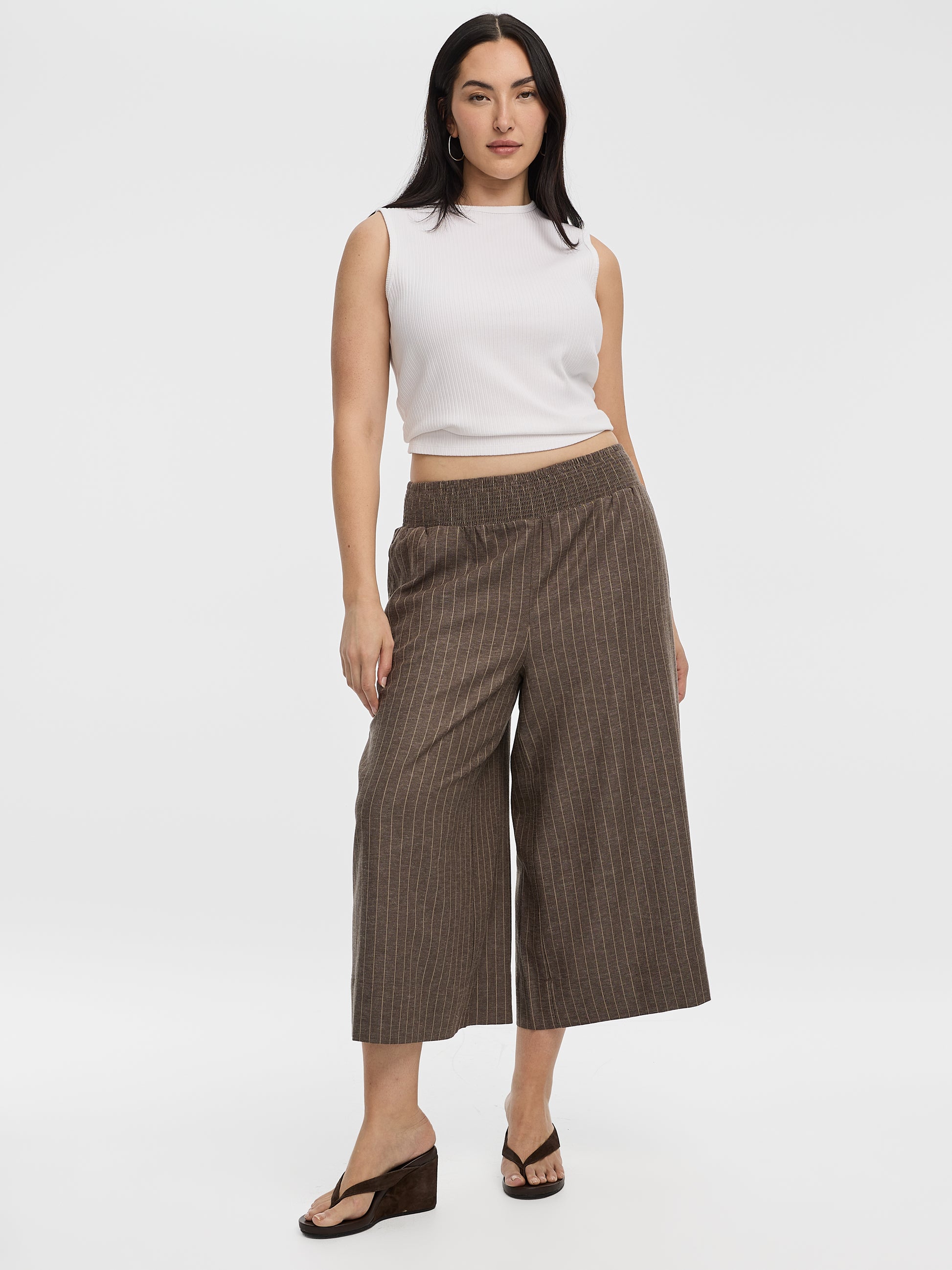 Striped Cropped Wide-Leg Linen-Blend Pant