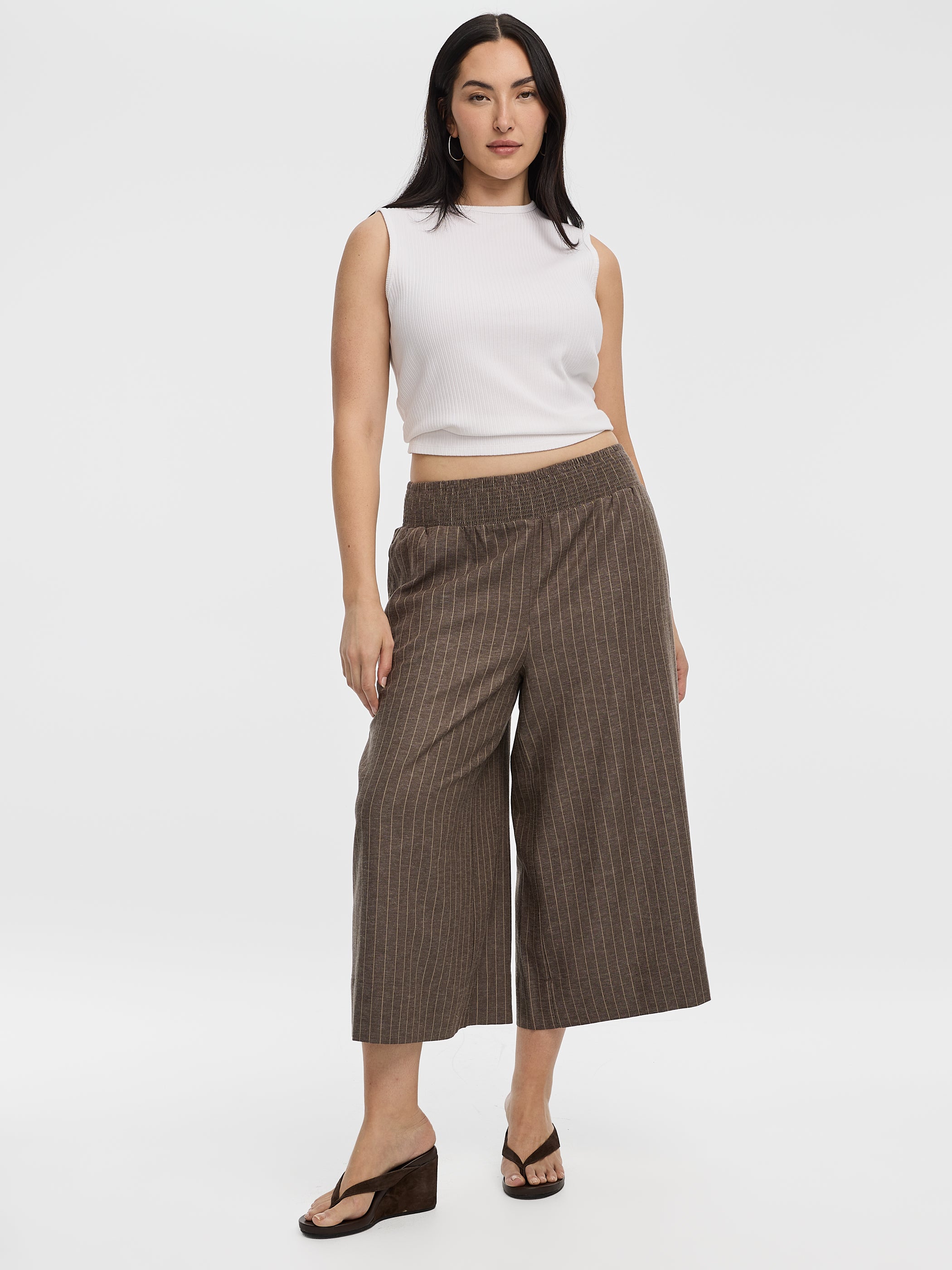 Striped Cropped Wide-Leg Linen-Blend Pant