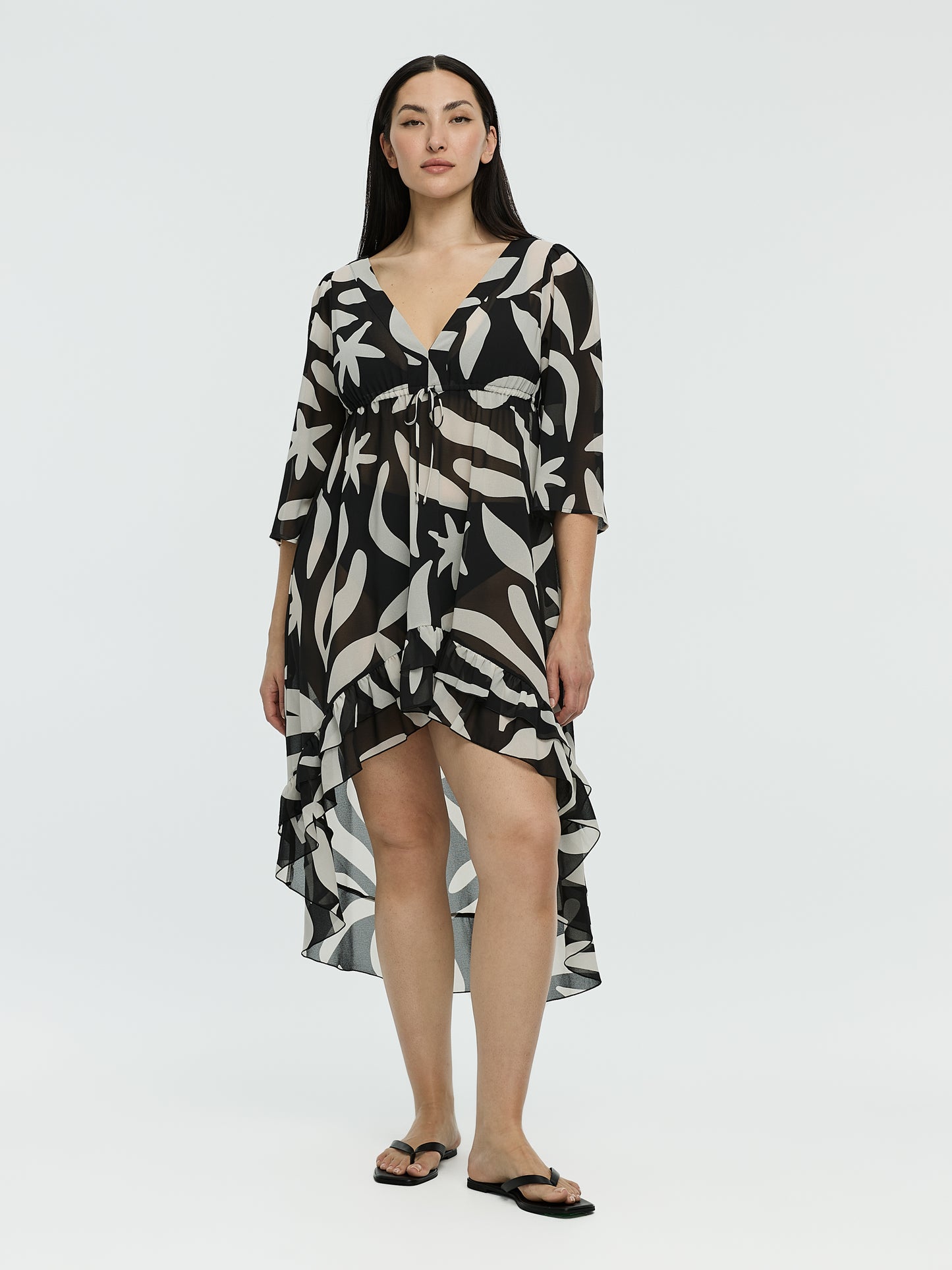 Long-Sleeve V-Neck Maxi Dress with High-Low Hem