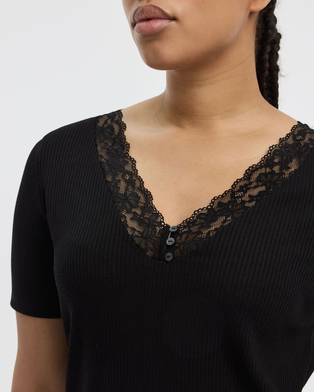 Short-Sleeve V-Neck Tee with Lace Trim