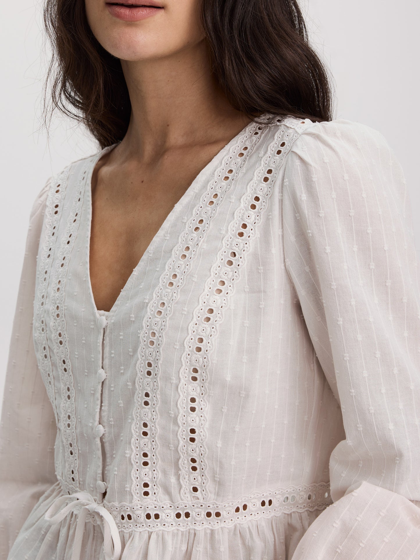 Long-Sleeve V-Neck Blouse with Lace Trims