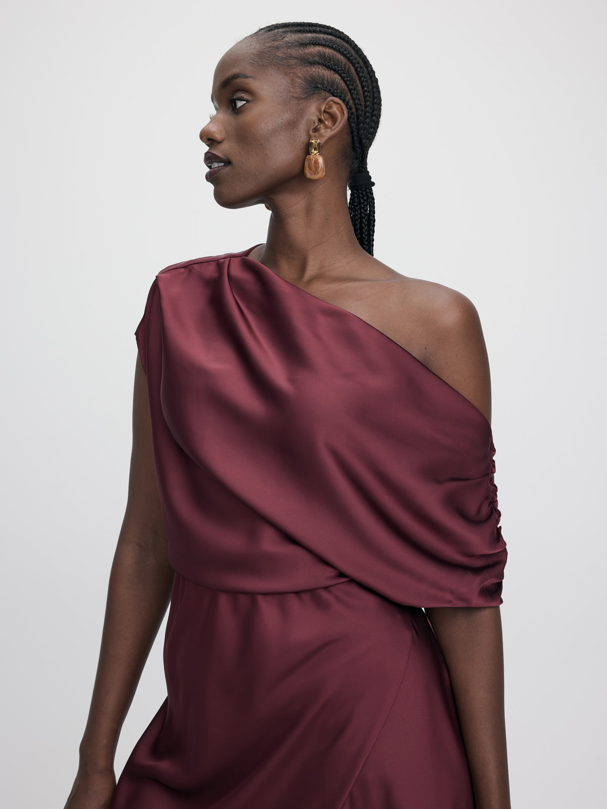 Satin Short-Sleeve Midi Dress with Asymmetrical Neckline