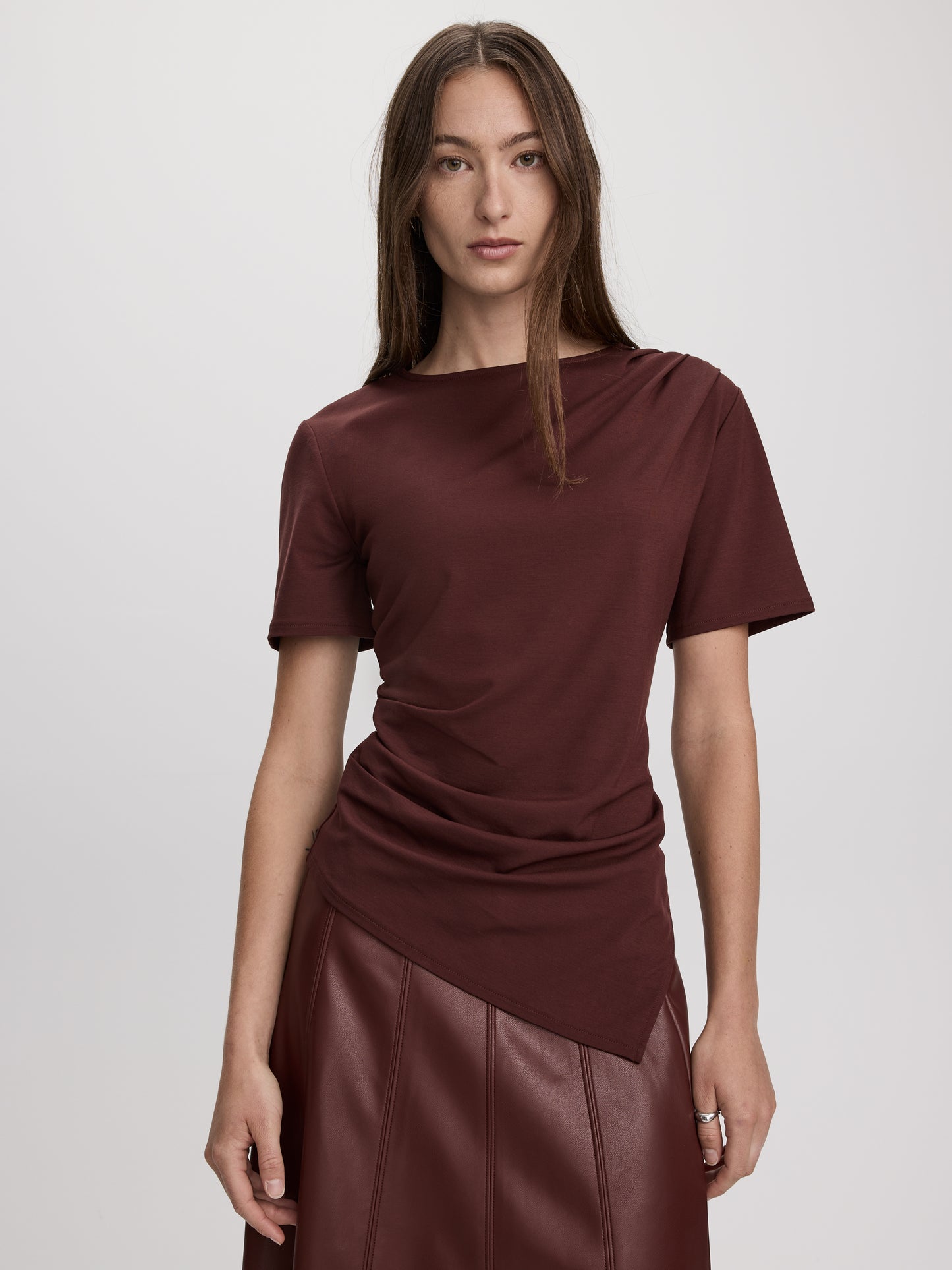 Short-Sleeve Shirred Top with Asymmetrical Hem
