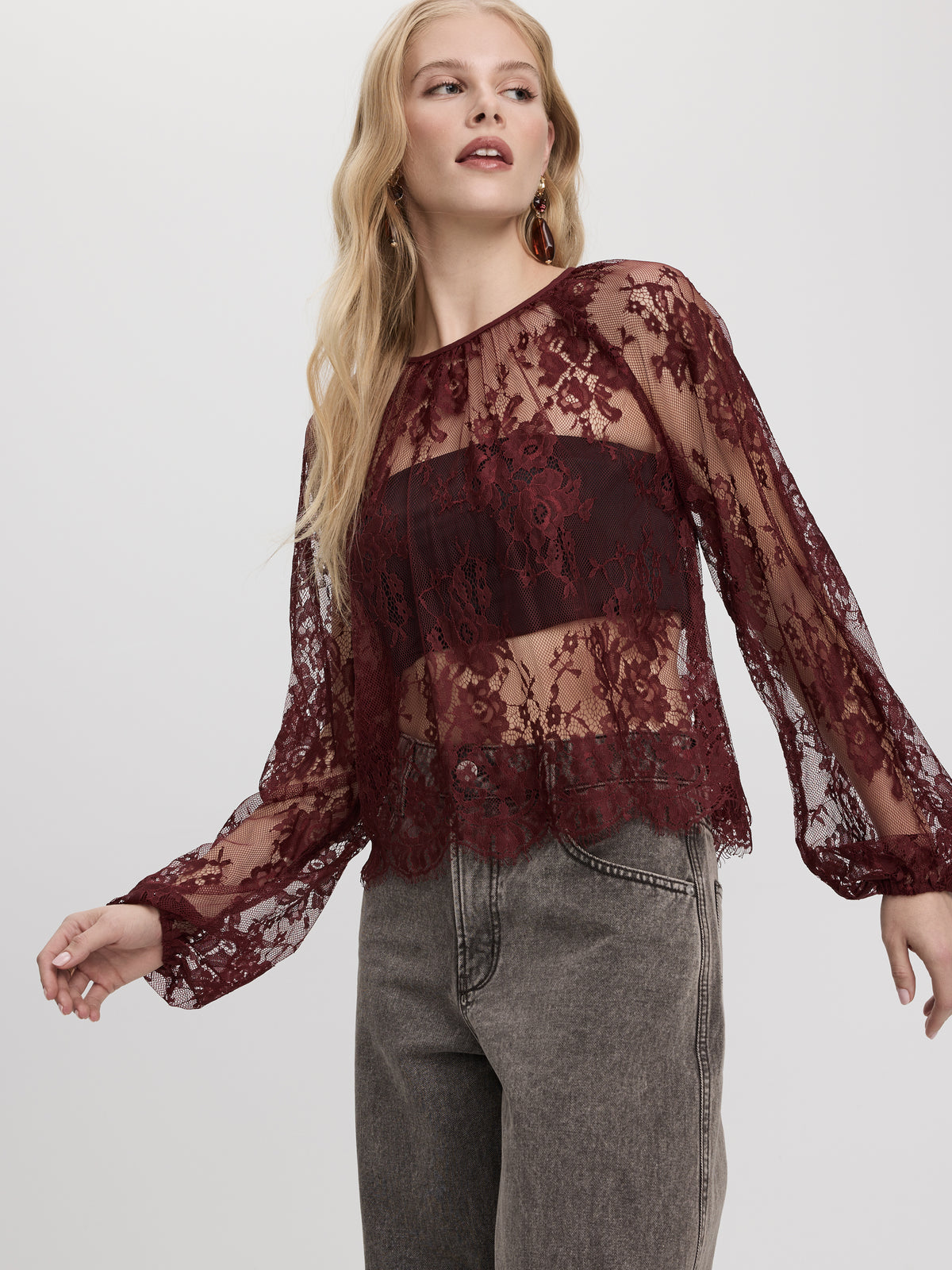 Long-Sleeve Crew-Neck Lace Blouse