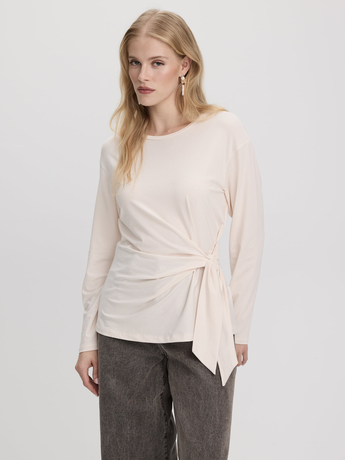 Long-Sleeve Top with Tie at Waist