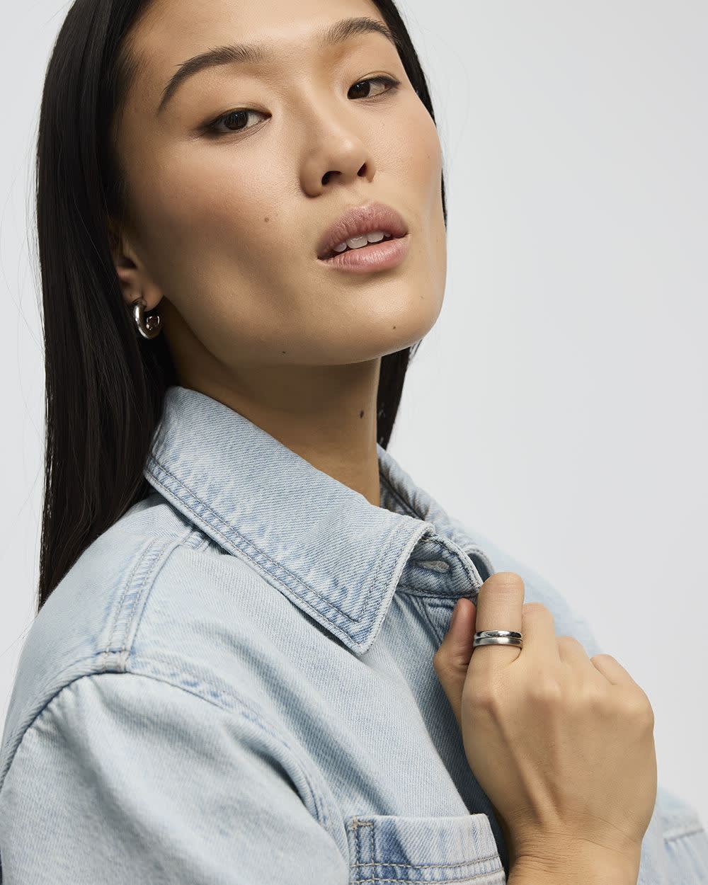 Short-Sleeve Buttoned-Down Denim Blouse