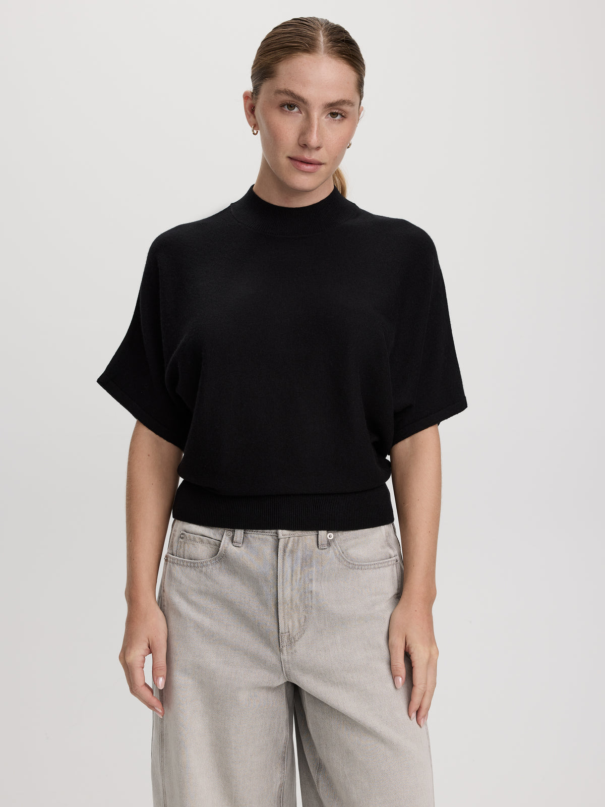 Merino-Blend Short-Sleeve Mock-Neck Sweater