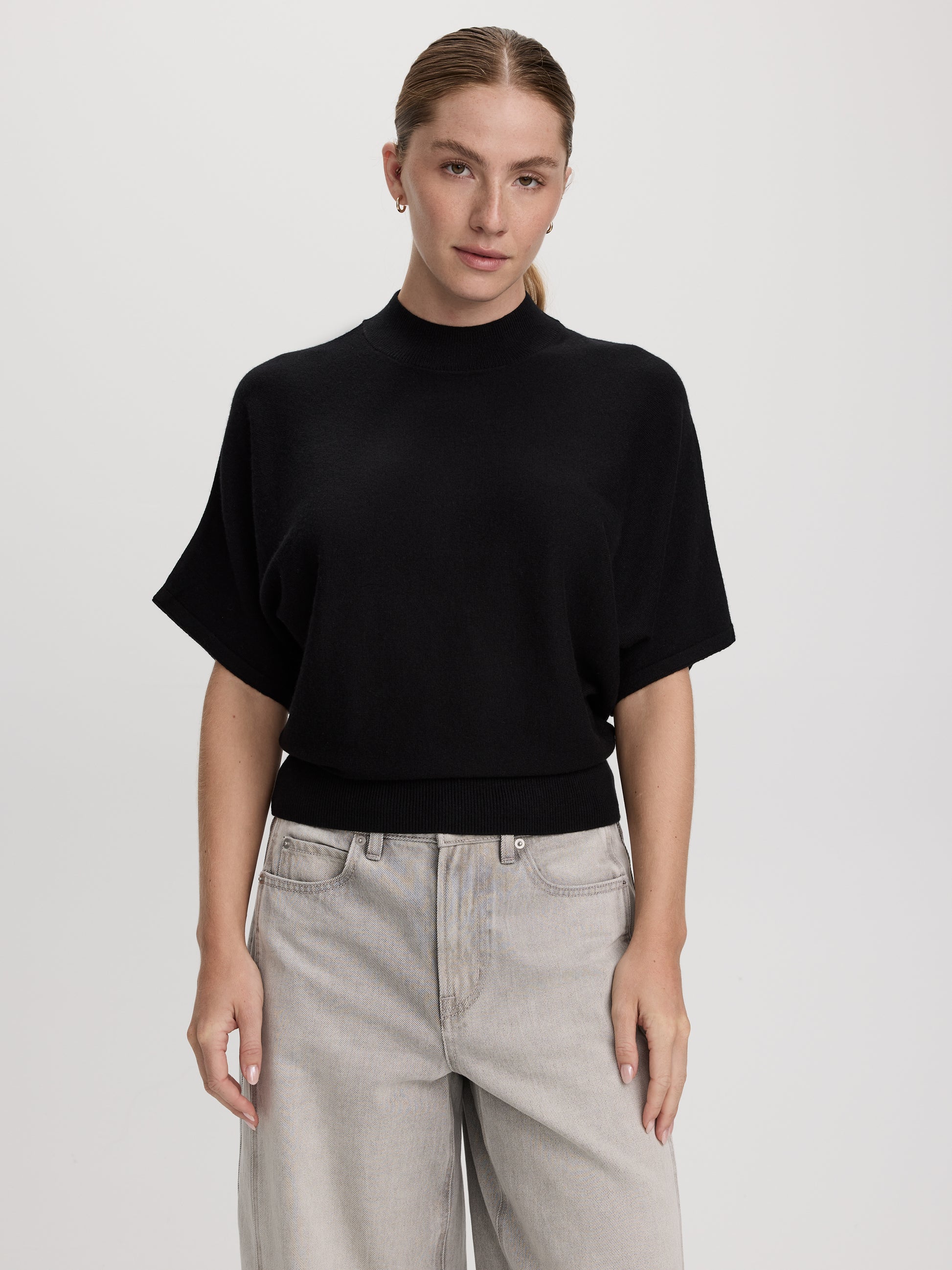 Merino-Blend Short-Sleeve Mock-Neck Sweater