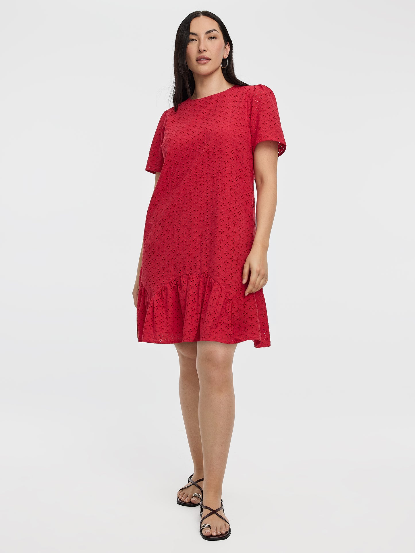 Short-Sleeve Crew-Neck Eyelet Dress