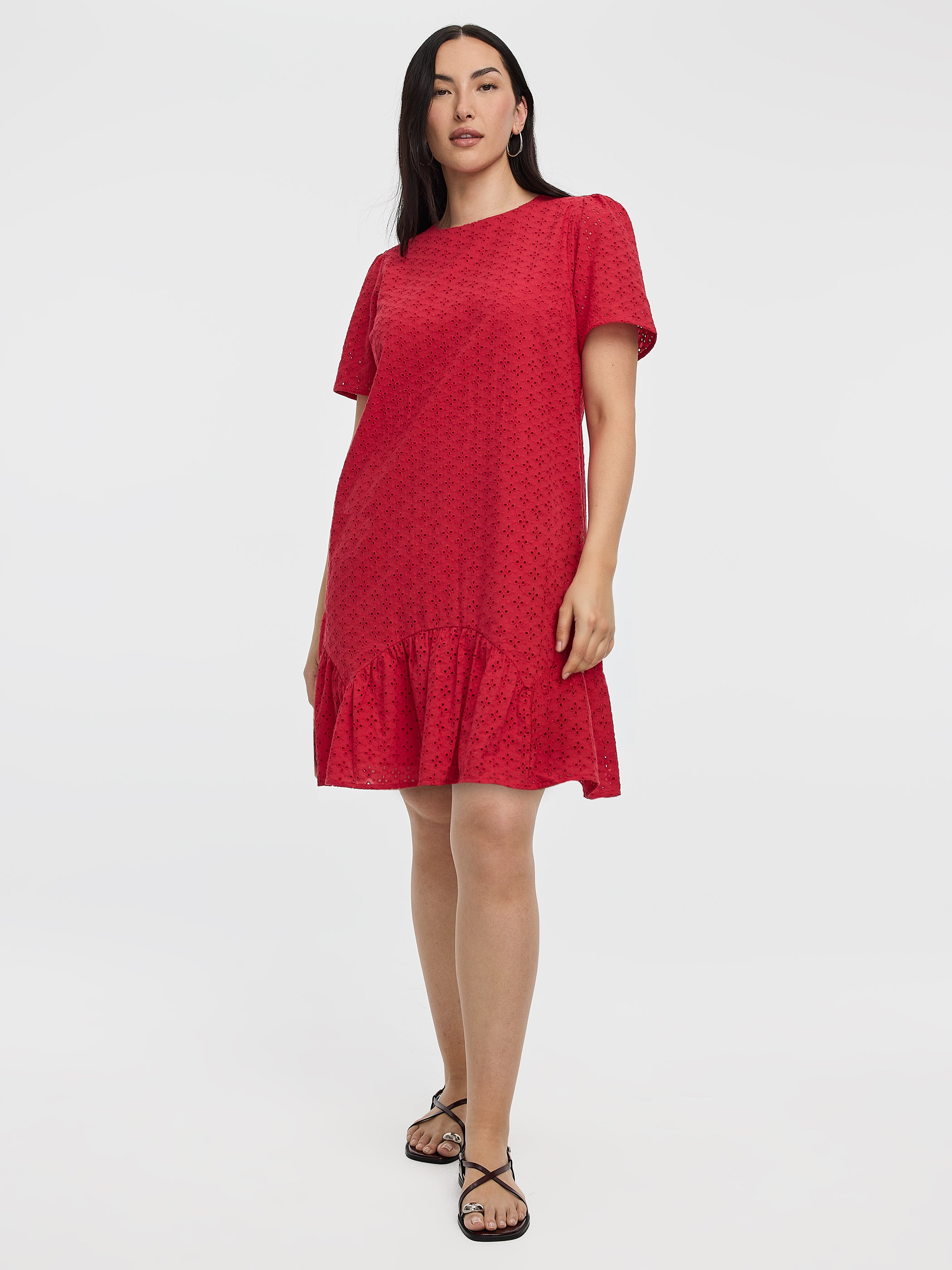 Short-Sleeve Crew-Neck Eyelet Dress