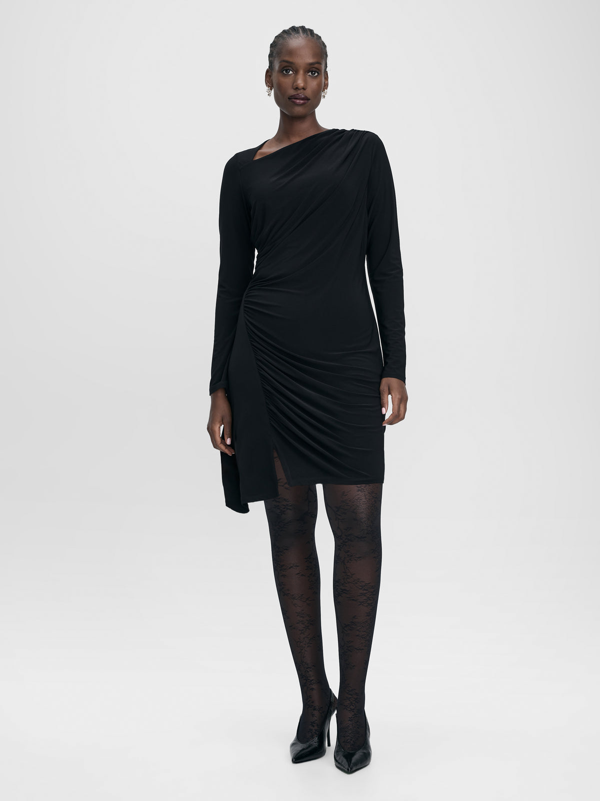 Long-Sleeve Asymmetrical-Neck Draped Bodycon Dress
