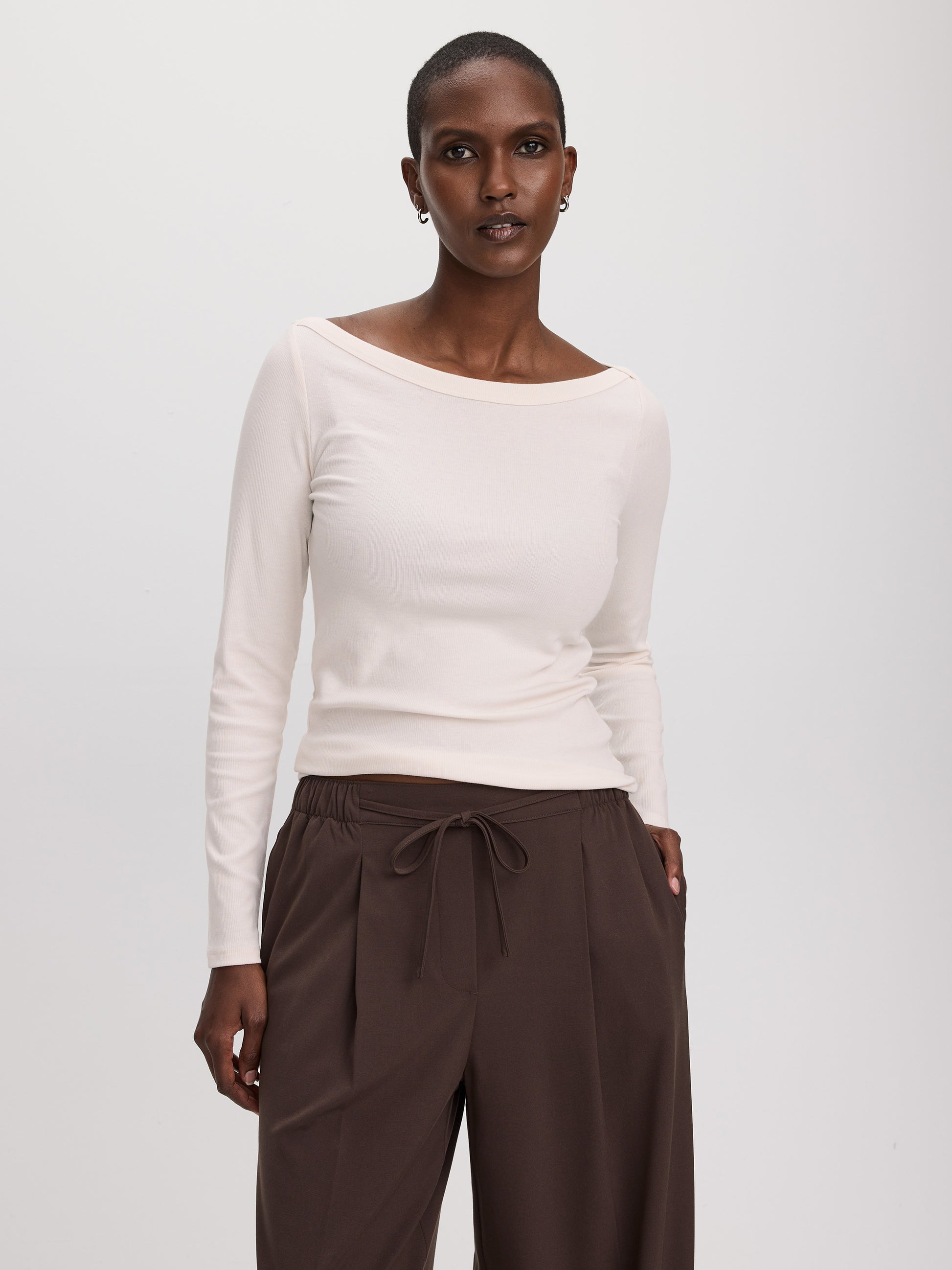 Long-Sleeve Boat-Neck Ribbed Top